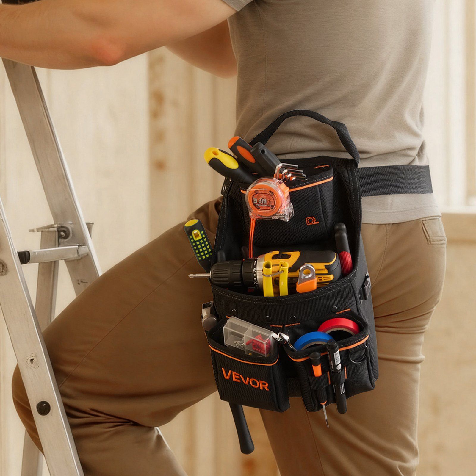 Tool Pouch with Belt, 14 Pockets Professional Tool Belt Pouch for Men, Heavy Duty Detachable Adjustable Utility Work Bag for Electrician, Carpenter, Construction, Adjusts Waist 83 cm to 127 cm