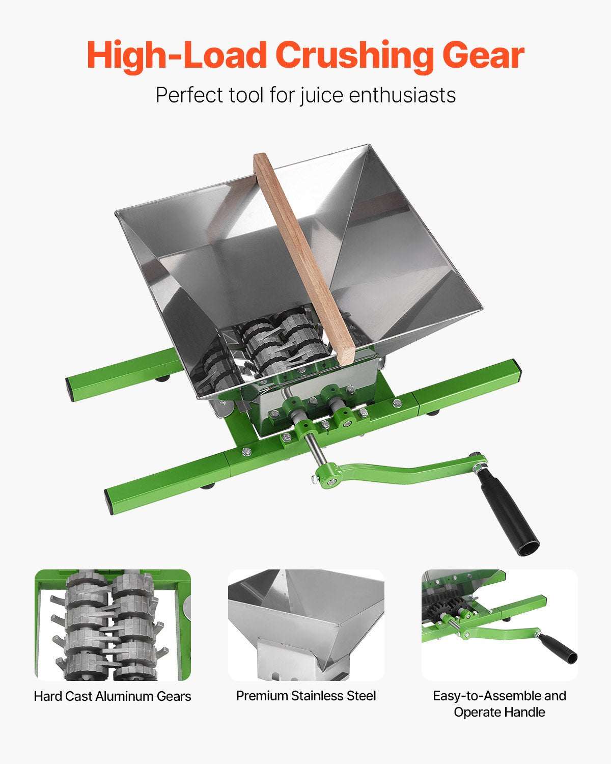 VEVOR 1.8 Gal/7L Fruit and Apple Crusher, Large Manual Grinder, Stainless Steel Fruit Scratter Pulper for Wine Cider Apple Grape Pressing, with Roller Handle for Kitchen Home, Green