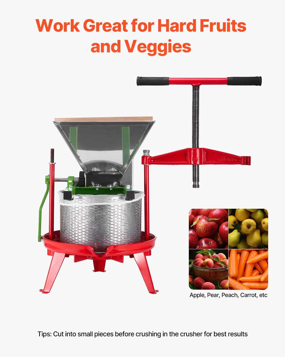 VEVOR 1.8 Gal/7L Fruit and Apple Crusher, Large Manual Grinder, Stainless Steel Fruit Scratter Pulper for Wine Cider Apple Grape Pressing, with Roller Handle for Kitchen Home, Green