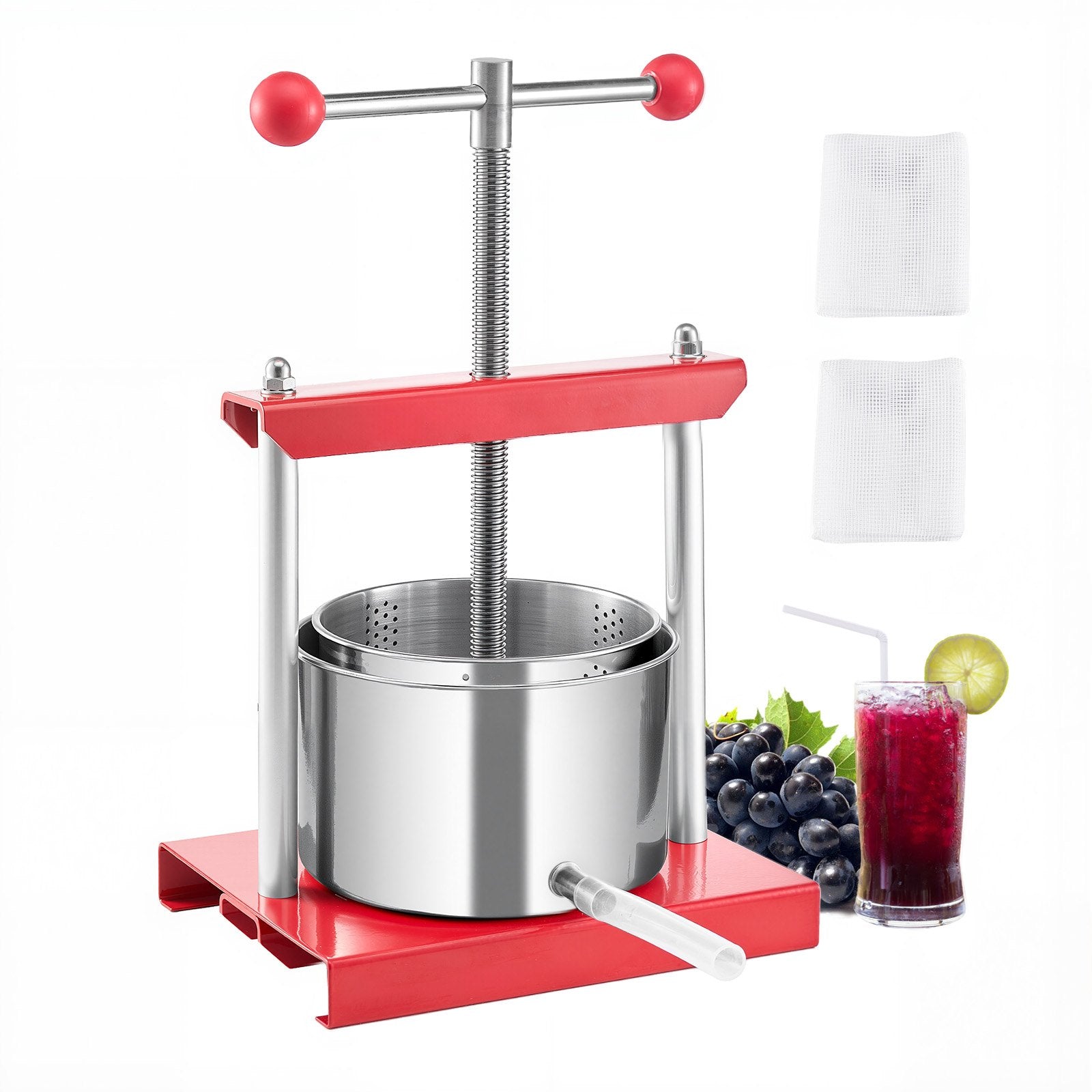VEVOR 0.8 Gal/3L Fruit Wine Press, 2 Stainless Steel Barrels, Manual Juice Maker, Cider Apple Grape Tincture Honey Olive Oil Making Press with T-Handle for Outdoor Kitchen Home