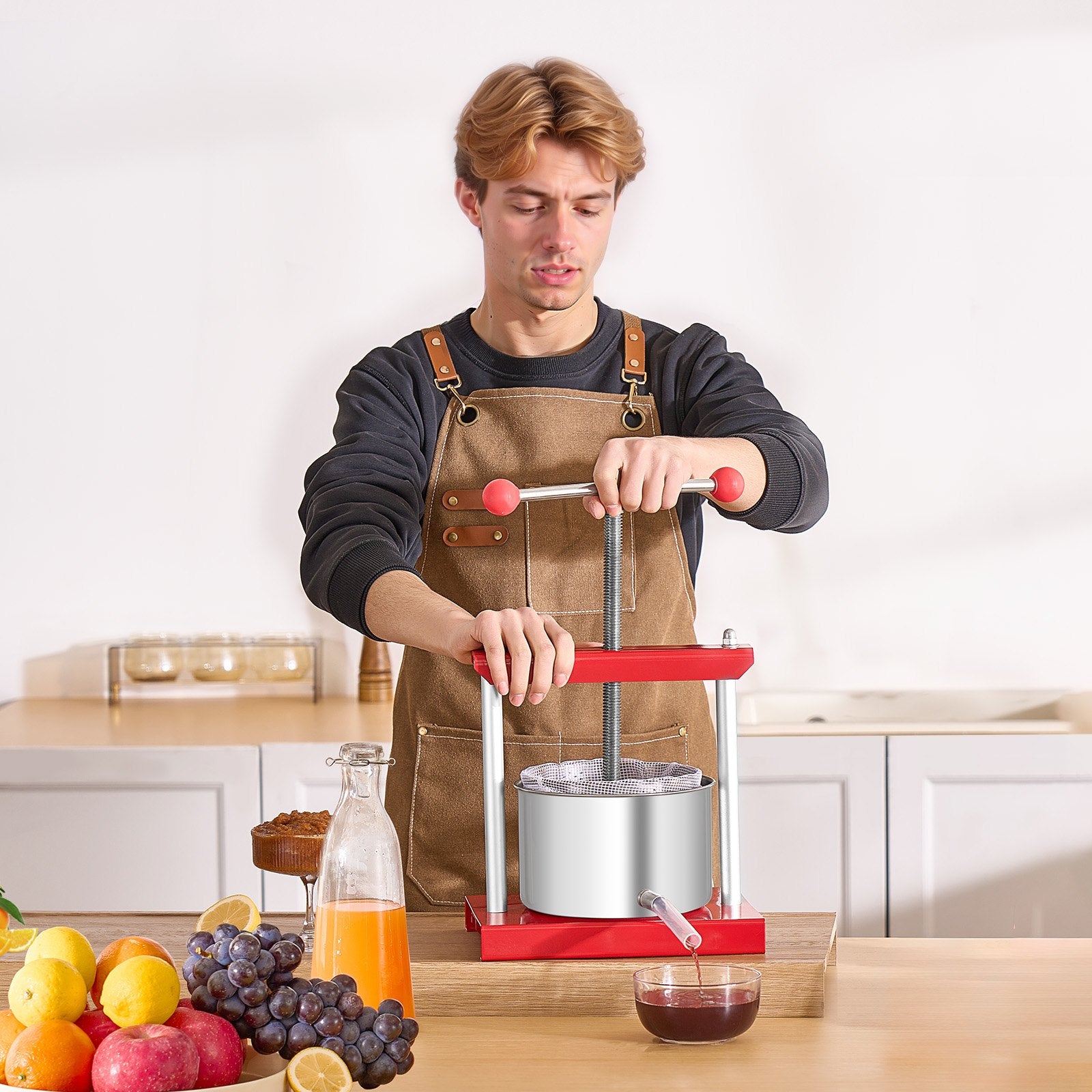 VEVOR 0.8 Gal/3L Fruit Wine Press, 2 Stainless Steel Barrels, Manual Juice Maker, Cider Apple Grape Tincture Honey Olive Oil Making Press with T-Handle for Outdoor Kitchen Home