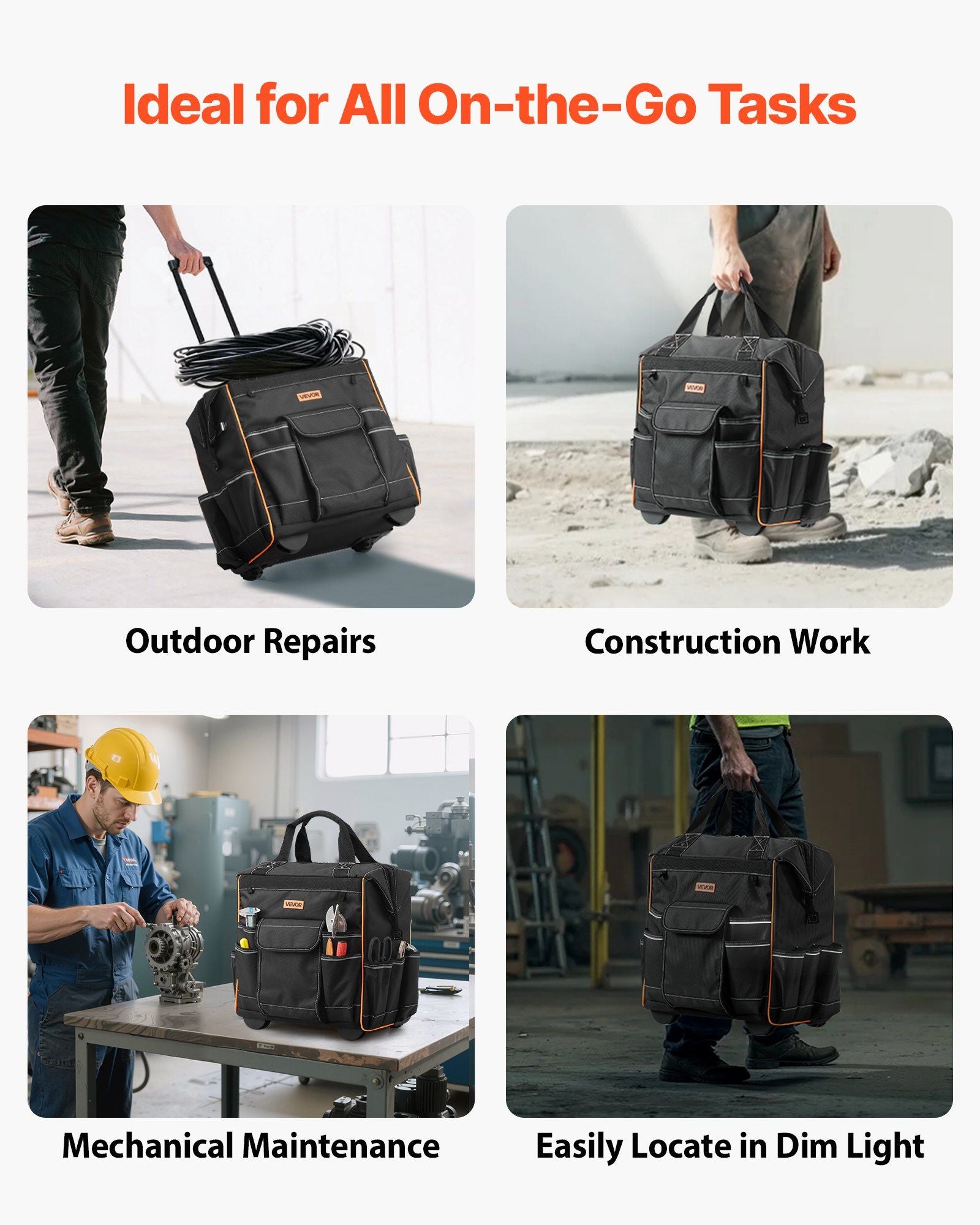 Rolling Tool Bag, 110 lbs Load Capacity, 25 Pockets Heavy Duty Roller Tool Bag on Wheels, Adjustable Telescoping Handle & Stable Base, Toolbag Organizers with Wheels for Construction, Mechanic