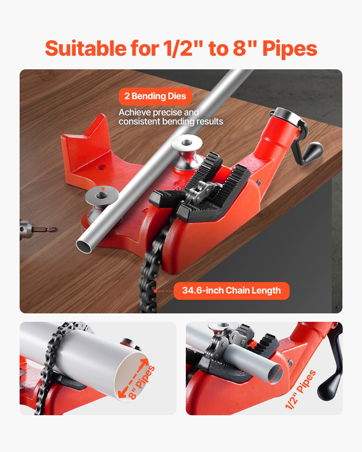 VEVOR Heavy-Duty Pipe Chain Vise, 1/2" - 8" Pipe Capacity, 34.6" Rugged Chain & Cast Iron Base, Industrial-Grade Pipe Clamping for Plumbing, Automotive Repairs, Metalworking