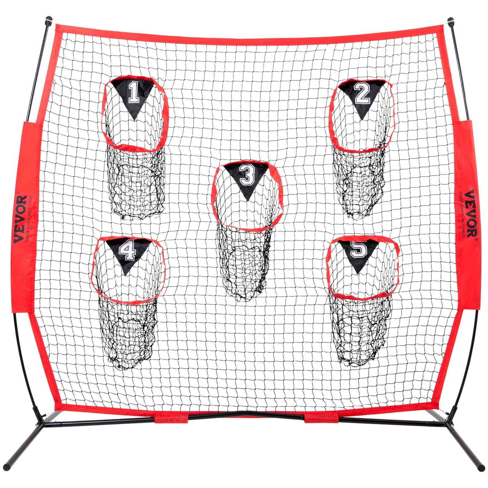VEVOR 6 x 6 ft Football Trainer Throwing Net, Training Throwing Target Practice Net with 5 Target Pockets, Knotless Net Includes Bow Frame and Portable Carry Case, Improve QB Throwing Accuracy, Red