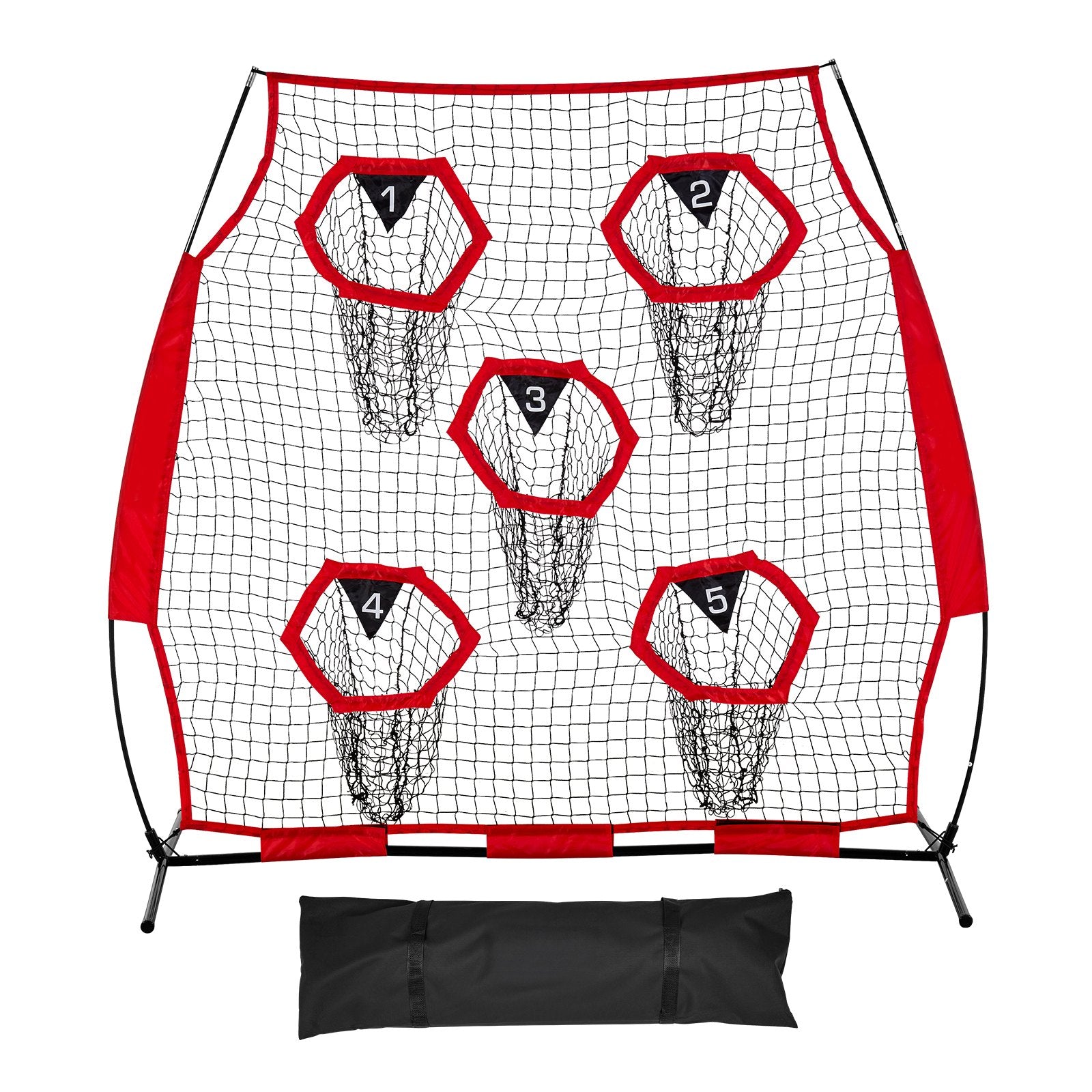 VEVOR 1828.8x1828.8mm Football Trainer Throwing Net, Training Throwing Target Practice Net with 5 Target Pockets, Knotless Net Includes Straps and Portable Carry Case, Improve QB Throwing Accuracy,Red