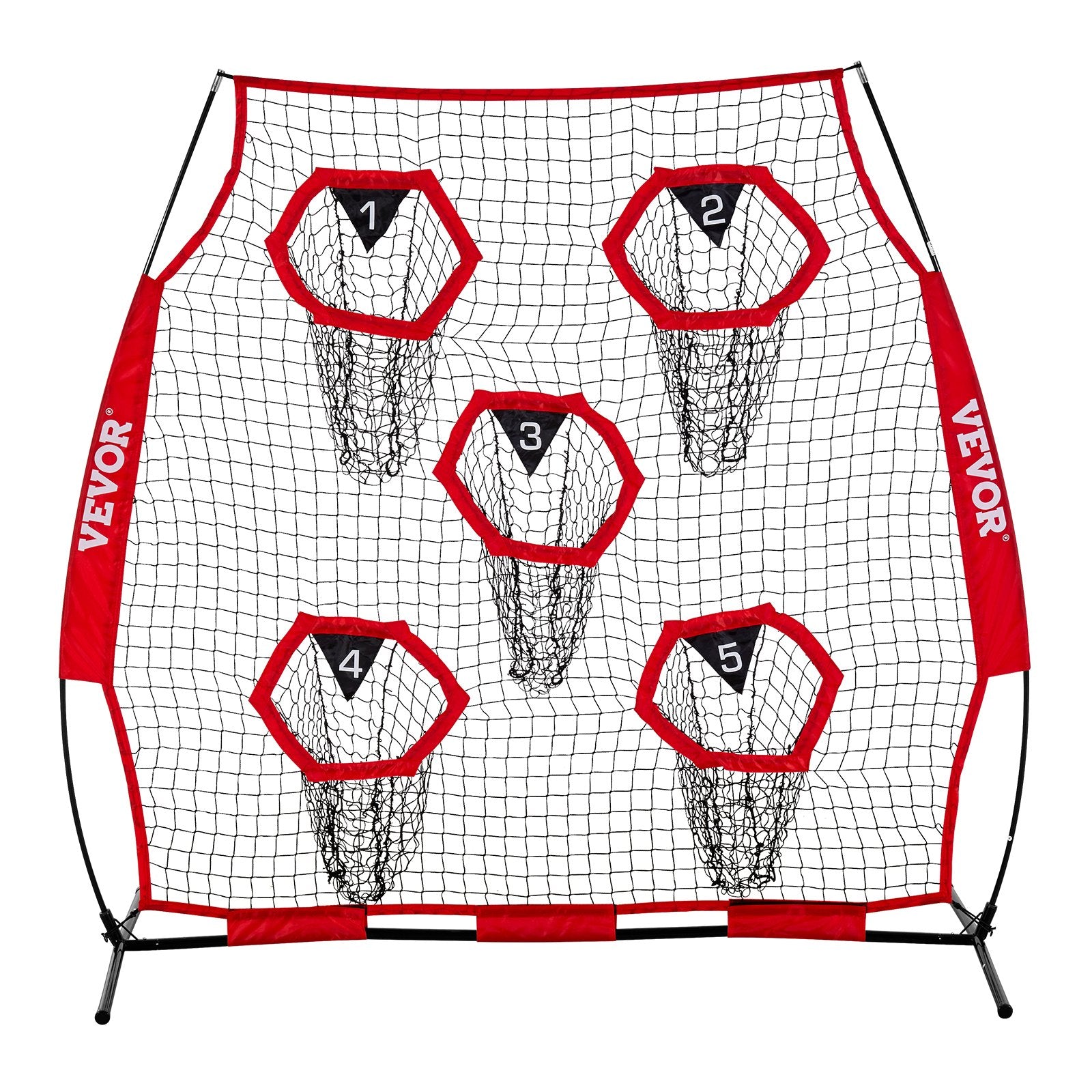 VEVOR 1828.8x1828.8mm Football Trainer Throwing Net, Training Throwing Target Practice Net with 5 Target Pockets, Knotless Net Includes Straps and Portable Carry Case, Improve QB Throwing Accuracy,Red