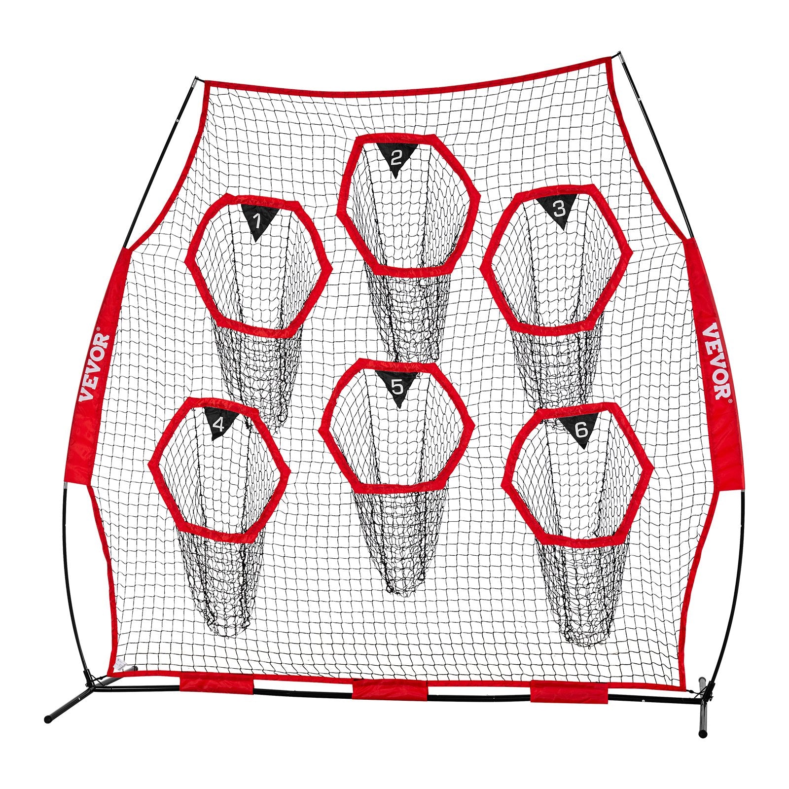 VEVOR 2438.4x2438.4mm Football Trainer Throwing Net, Training Throwing Target Practice Net with 6 Target Pockets, Knotless Net Includes Straps and Portable Carry Case, Improve QB Throwing Accuracy,Red
