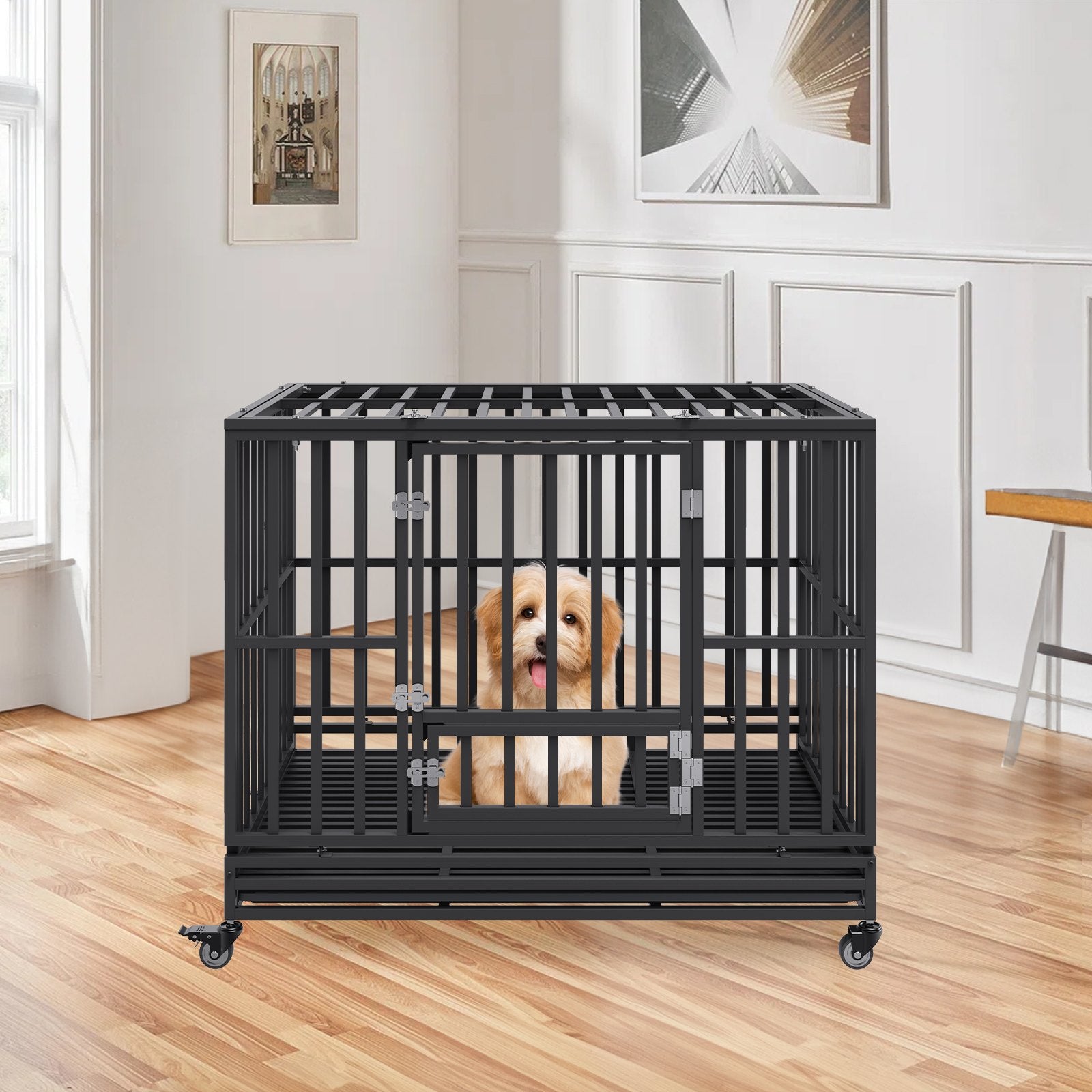 VEVOR 47 Inch Heavy Duty Dog Crate, Indestructible Dog Crate, 3-Door Heavy Duty Dog Kennel for Medium to Large Dogs with Lockable Wheels and Removable Tray, High Anxiety Dog Crate for Indoor & Outdoor