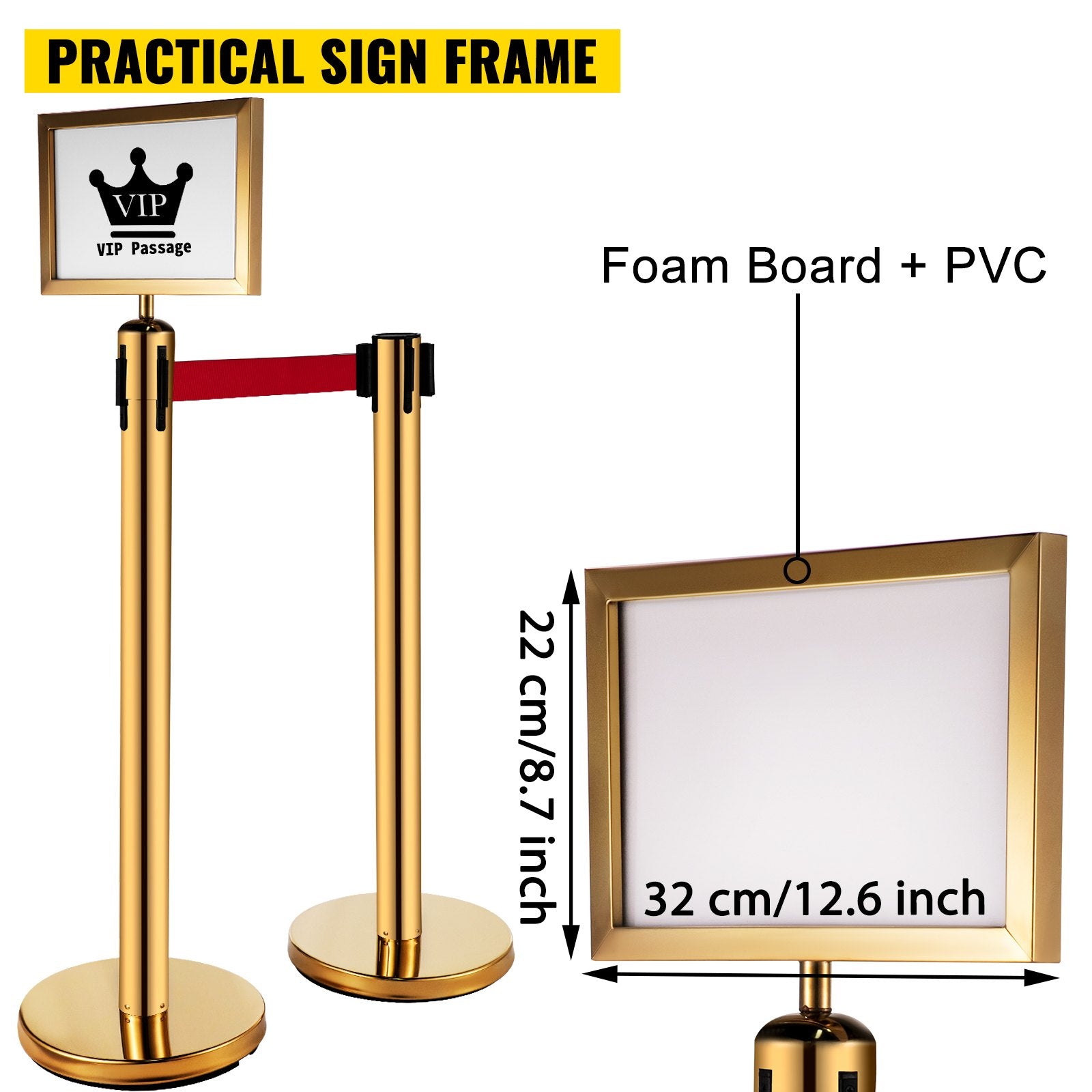 VEVOR Stanchion Post Barriers 6-Set Line Dividers, Stainless Steel Stanchions with 6.6 Red Retractable Belts, Stanchions with One Sign Frame, 34.6 Queue Safety Stanchions (Gold)