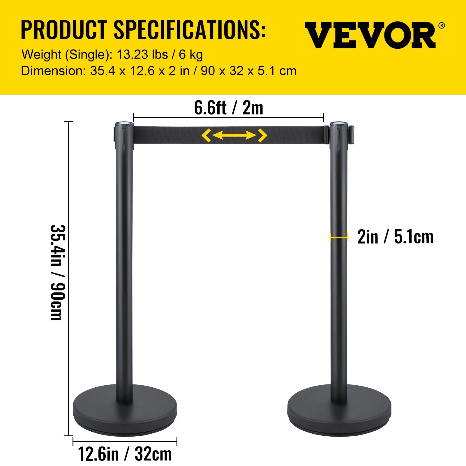 VEVOR Crowd Control Stanchion, Set of 6 Pieces Stanchion Set, Stanchion Set with 6.6 ft/2 m Black Retractable Belt, Black Crowd Control Barrier with Concrete and Metal Base – Easy Connect Assembly