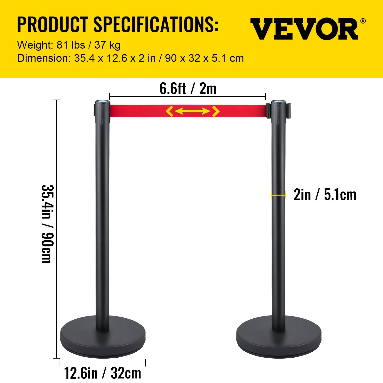 VEVOR Crowd Control Stanchion, Set of 6 Pieces Stanchion Set, Stanchion Set with 6.6 ft/2 m Red Retractable Belt, Crowd Control Barrier with Rubber Base – Easy Connect Assembly for Crowd Control (Black)