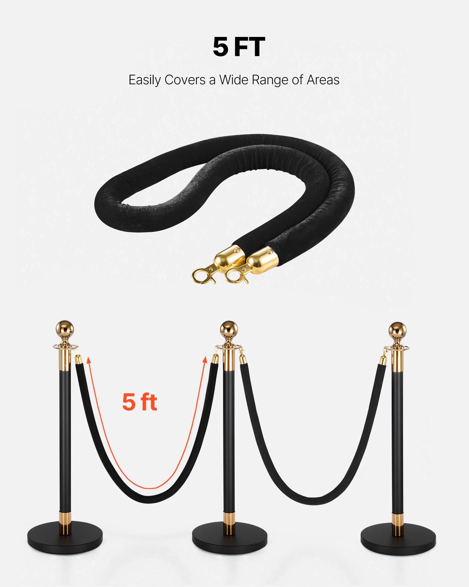 2 Pcs Black Velvet Stanchion Ropes, 1.5 m Crowd Control Stanchion Black Velvet Ropes with Gold Hooks, Post Queue Barrier Carpet Rope for Carpet Events Movie Theaters Grand Openings Hotels Party