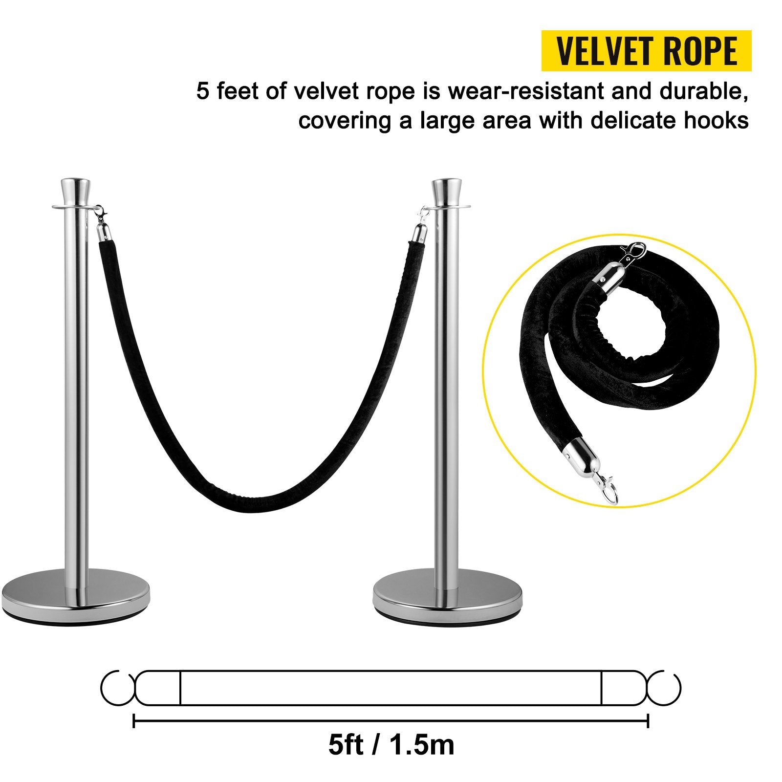 VEVOR Crowd Control Stanchion, Set of 2 Pieces Stanchion Set, Stanchion Set with 5 ft/1.5 m Black Velvet Rope, Silver Crowd Control Barrier with Sturdy Concrete and Metal Base - Easy Connect Assembly