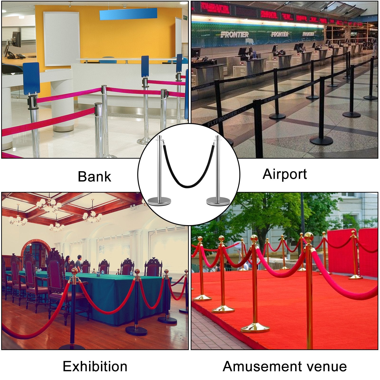 VEVOR Crowd Control Stanchion, Set of 2 Pieces Stanchion Set, Stanchion Set with 5 ft/1.5 m Black Velvet Rope, Silver Crowd Control Barrier with Sturdy Concrete and Metal Base - Easy Connect Assembly