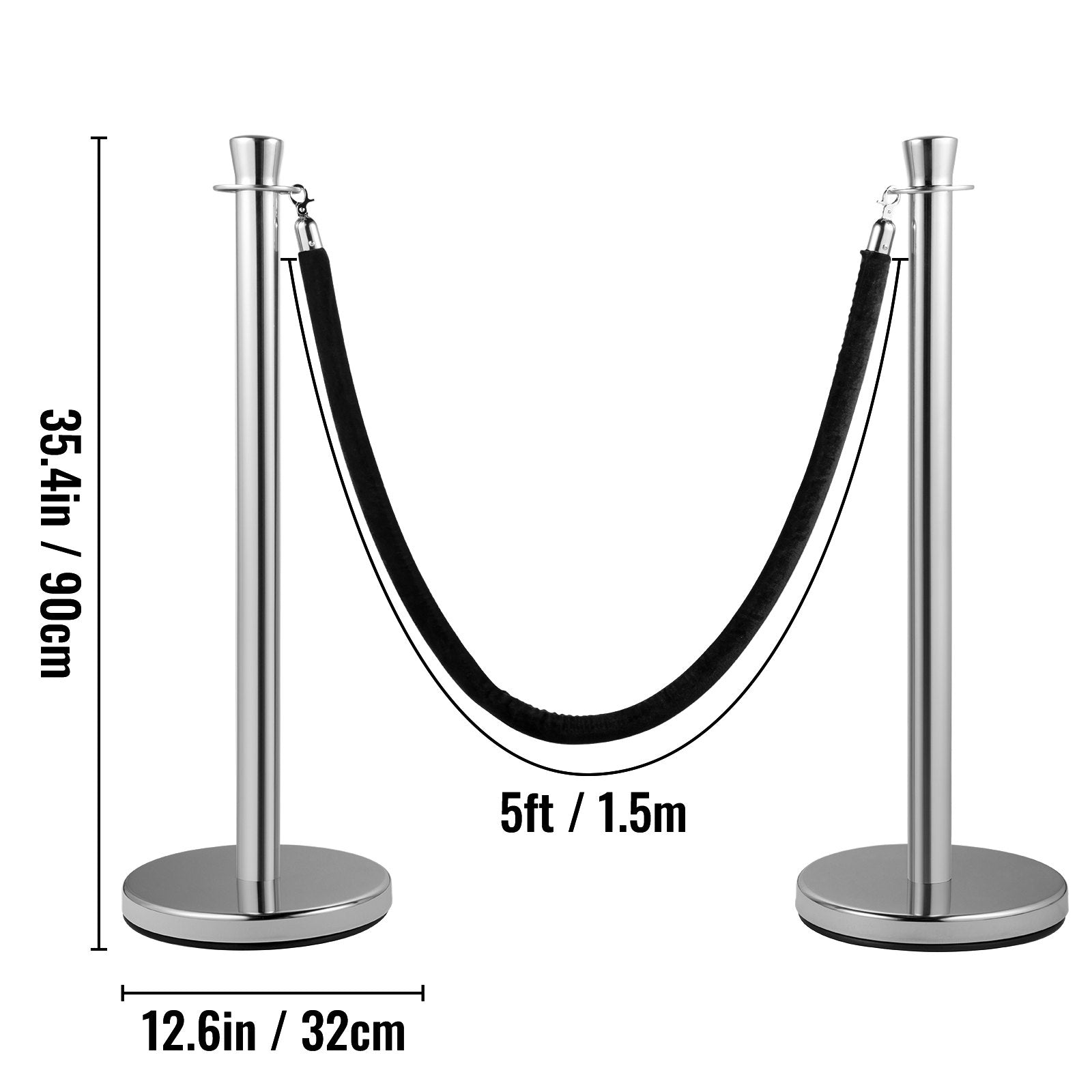 VEVOR Crowd Control Stanchion, Set of 2 Pieces Stanchion Set, Stanchion Set with 5 ft/1.5 m Black Velvet Rope, Silver Crowd Control Barrier with Sturdy Concrete and Metal Base - Easy Connect Assembly