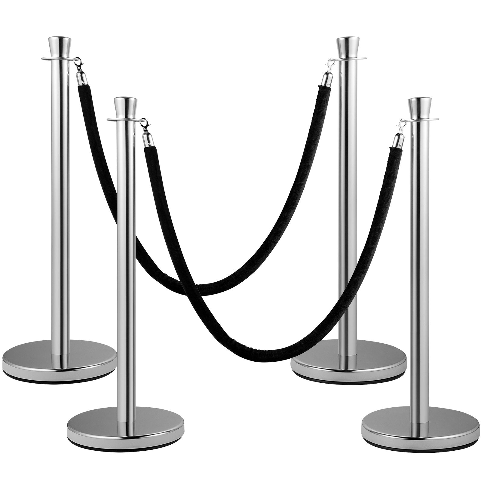VEVOR Crowd Control Stanchion, Set of 2 Pieces Stanchion Set, Stanchion Set with 5 ft/1.5 m Black Velvet Rope, Silver Crowd Control Barrier with Sturdy Concrete and Metal Base - Easy Connect Assembly