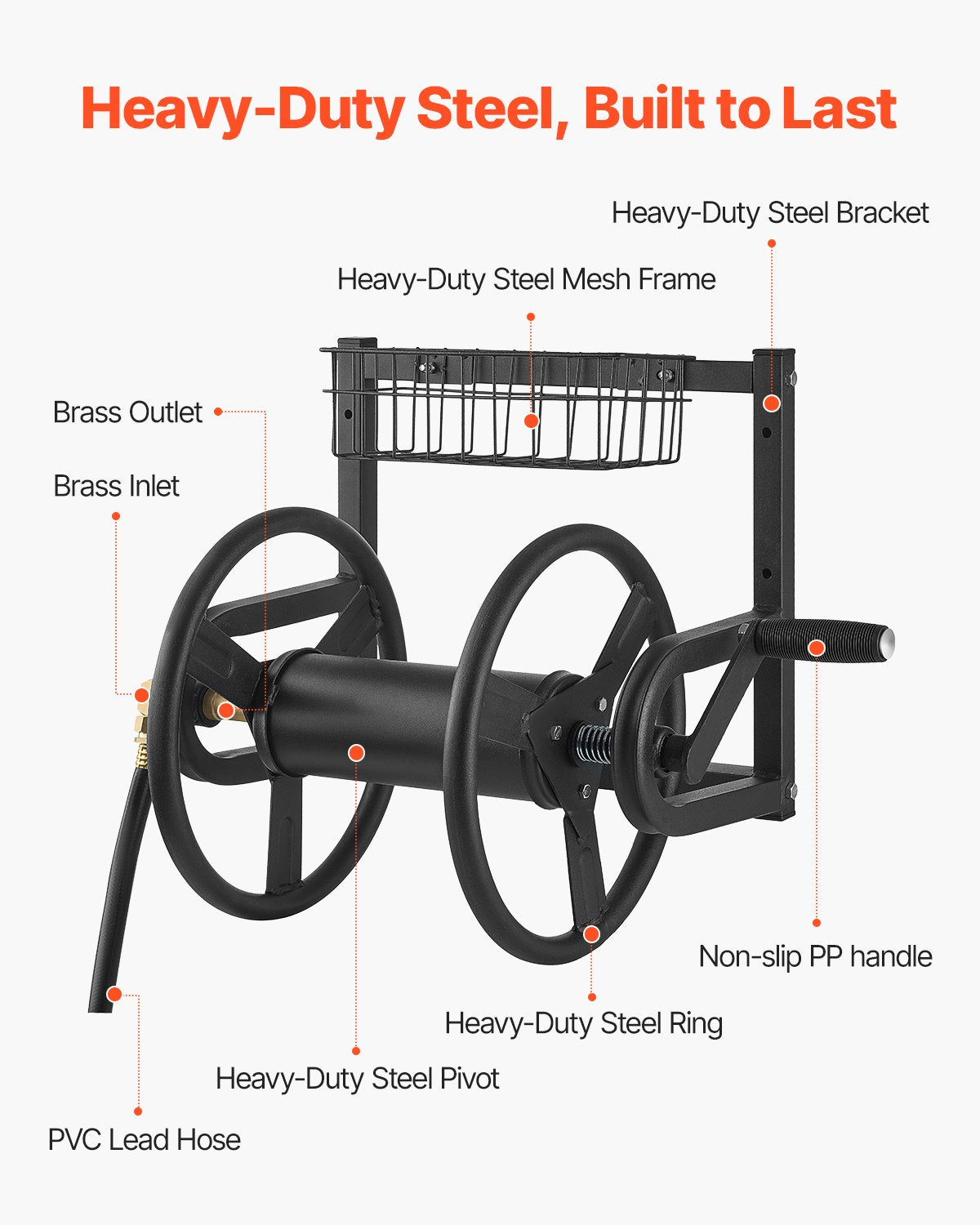 VEVOR Wall Mounted Garden Hose Reel 125ft 5/8 in Metal Hose Reel with Basket