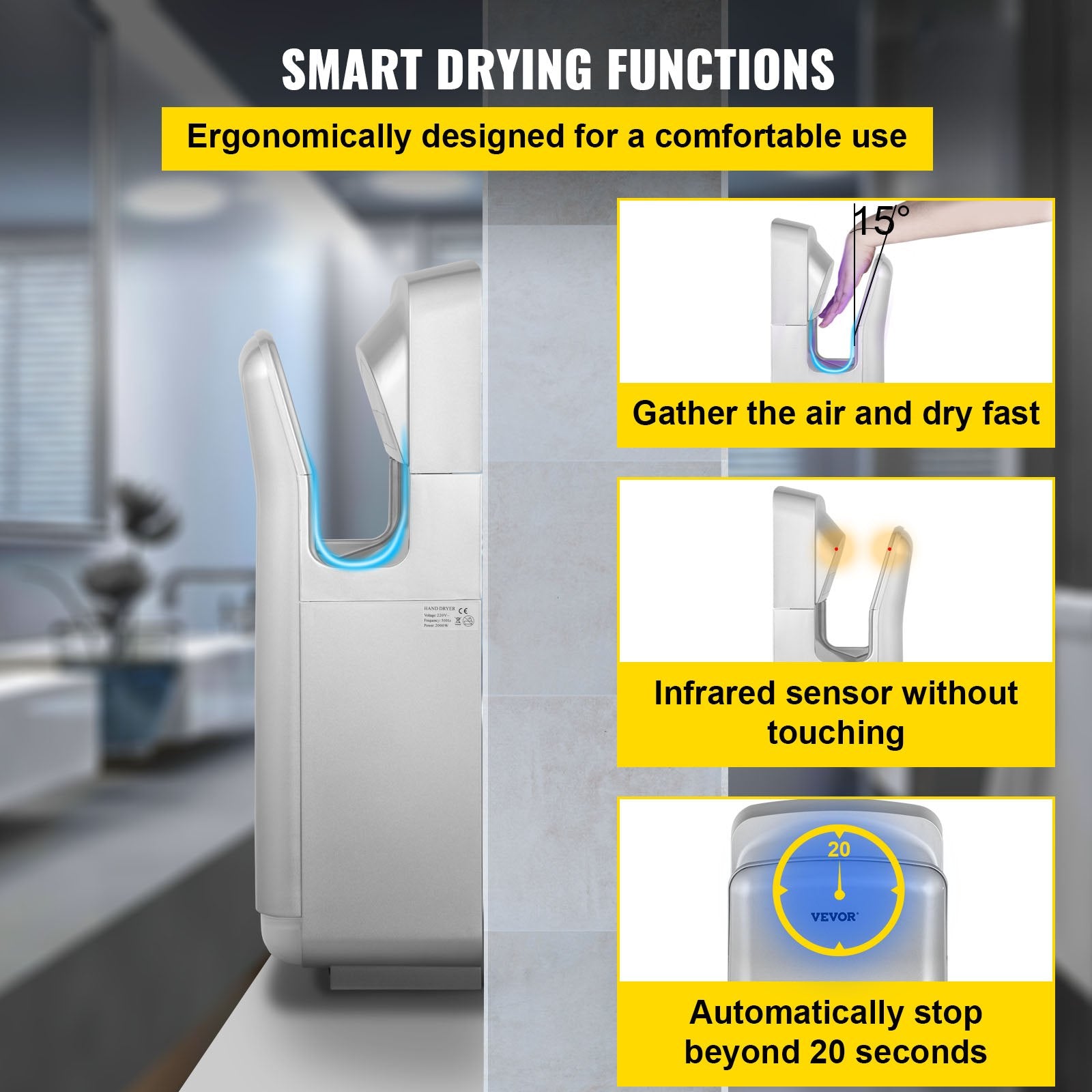 VEVOR Jet Hand Dryer Blade Hand Dryer Automatic High Speed for Washroom Silver