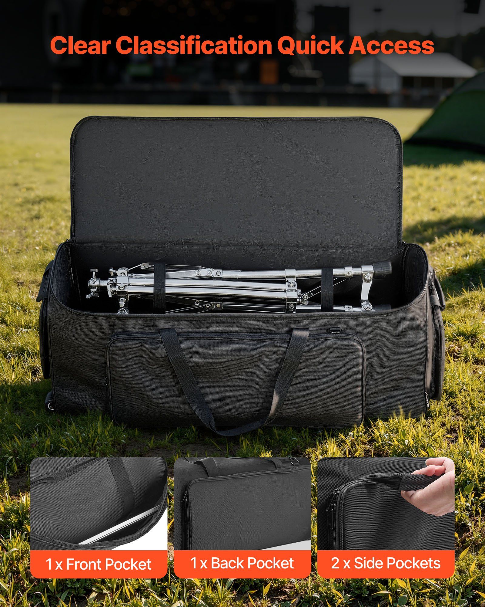 Drum Hardware Bag with Wheels, 1680D, Drum Set Equipment Carry Bag, Carrying Case with Sturdy Handle, Durable Zipper, Smooth PVC Wheels, Multiple Pockets, for Hardware and Stand Accessory, Black