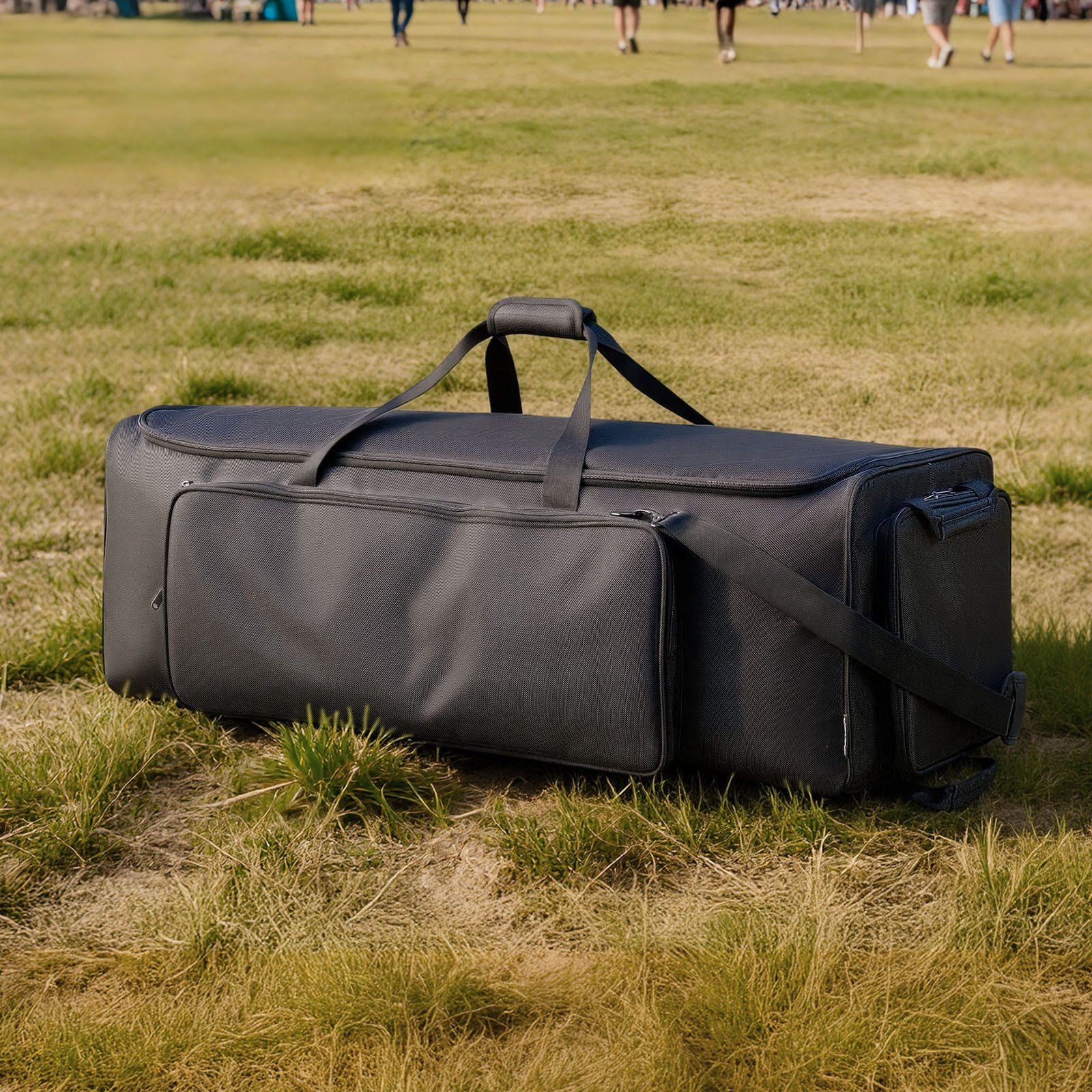 Drum Hardware Bag with Wheels, 1680D, Drum Set Equipment Carry Bag, Carrying Case with Sturdy Handle, Durable Zipper, Smooth PVC Wheels, Multiple Pockets, for Hardware and Stand Accessory, Black
