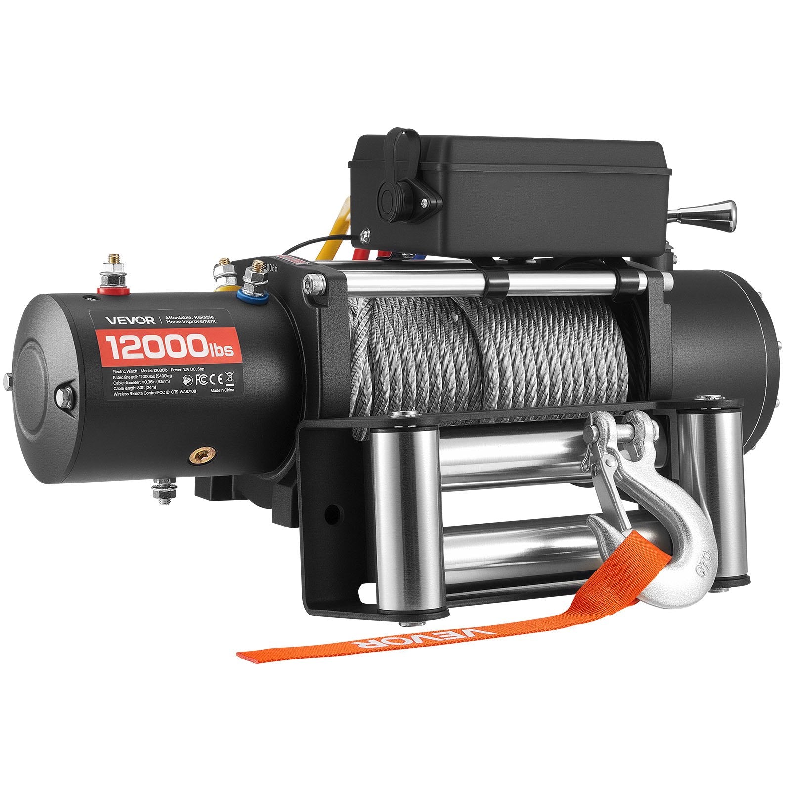 VEVOR Electric Winch, 5400 kg Load Capacity, 12V DC Truck Winch with Φ9.1 mm x 24 m Steel Rope, Wireless & Wired Remote Control, IP55 Waterproof for Towing SUV Jeep Trailer Boat Off-Road Vehicle