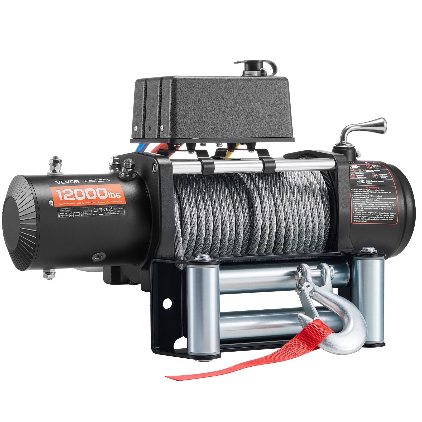 VEVOR Electric Winch, 5400 kg Load Capacity, 12V DC Truck Winch with Φ9.1 mm x 26 m Steel Rope, Wireless & Wired Remote Control, Suitable for Towing SUV Jeep Trailer Boat Off-Road Vehicle