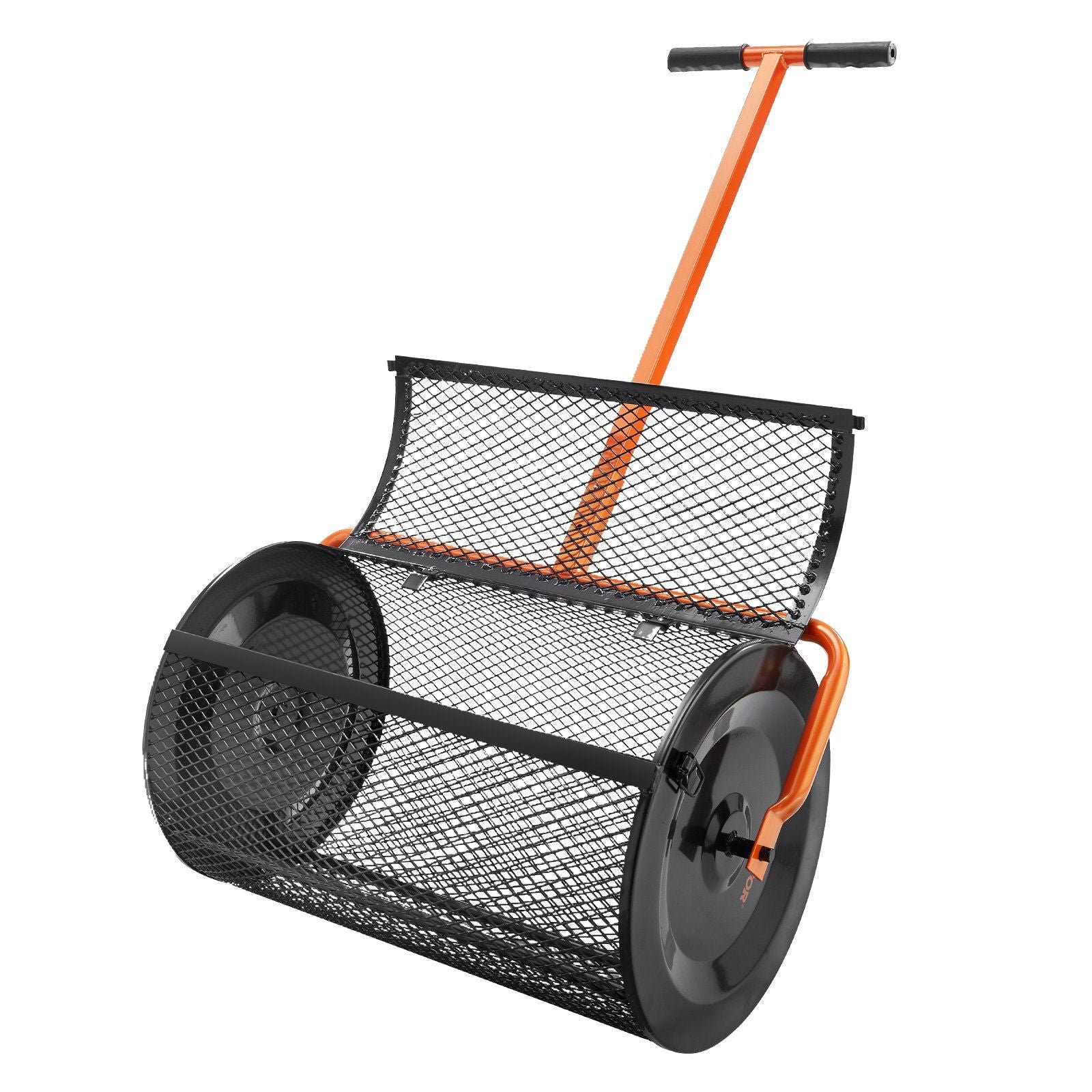 Compost Spreader, 24.4-25.6" Height Adjustable Handle, 24" Wide, Lawn and Garden Peat Moss Roller with Side Latches, Powder Coated Steel Mesh Basket for Spreading Manure, Topsoil, Black