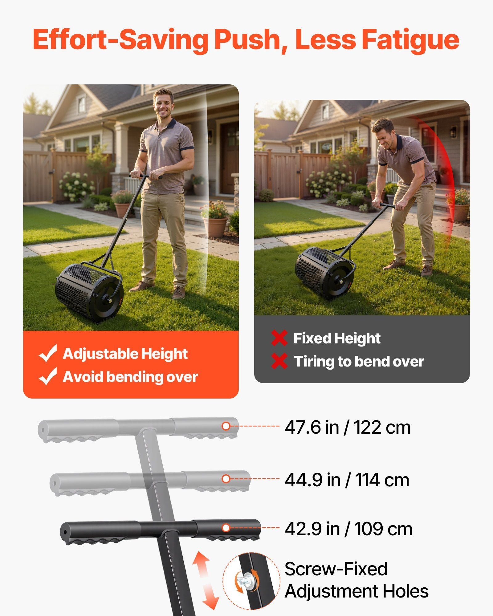 Compost Spreader, 42 cm Wide Peat Moss Spreader with T Shaped Handle, 3 Heights Adjustable, Powder-Coated Steel Garden Peat Moss Roller, Heavy Duty Grass Seed Roller for Planting Seeding, Black