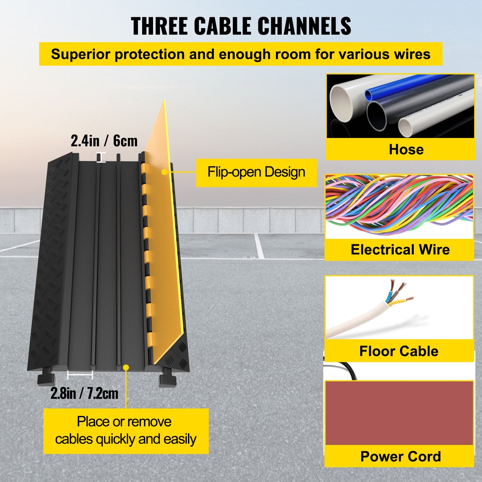 VEVOR Rubber Cable Guard, 3-Channel, 2 x 2.3 in - Durable Cord Protection Ramp for Driveways, 6600 lbs Capacity