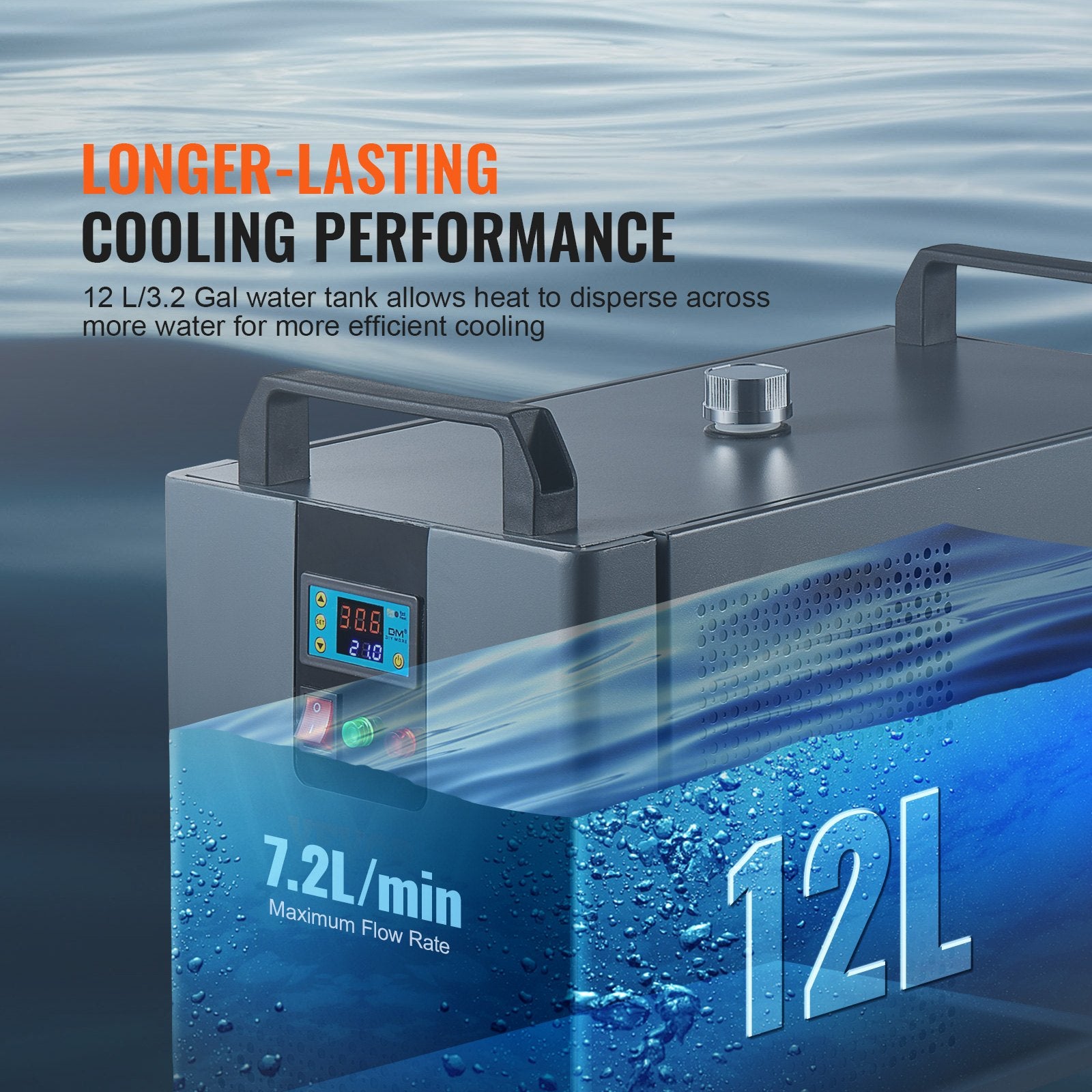 VEVOR Industrial Water Chiller, KH-6000, 200W Industrial Water Cooler Cooling System with Compressor 12 L Water Tank Capacity 7.8 L/min Max Flow Rate, for CO2 Laser Engraving Machine Cooling Machine