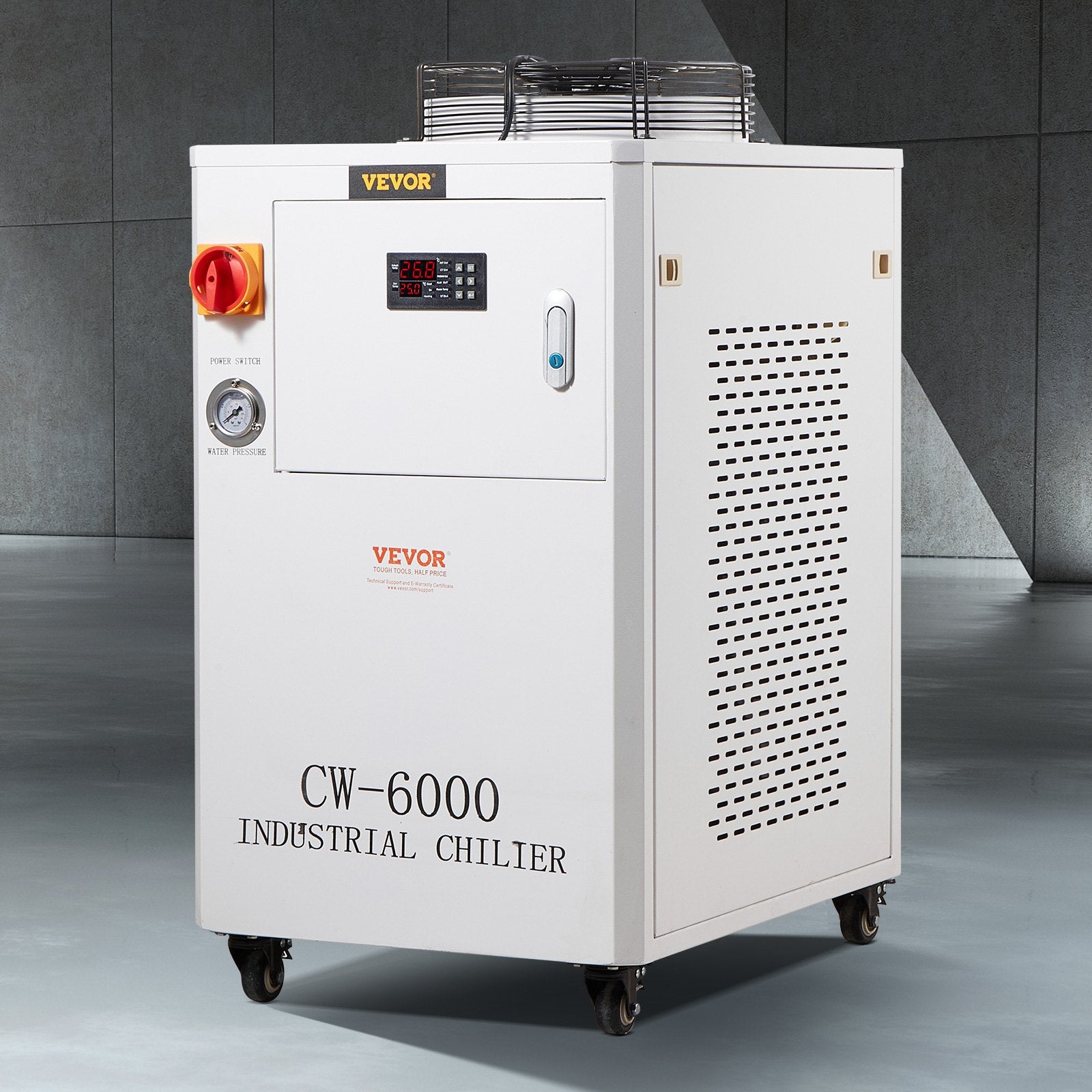 VEVOR Industrial Water Chiller, CW6000, 1500W Industrial Water Cooler Cooling System with Compressor 15L Water Tank Capacity 65 L/min Max Flow Rate, for CO2 Laser Engraving Machine Cooling Machine