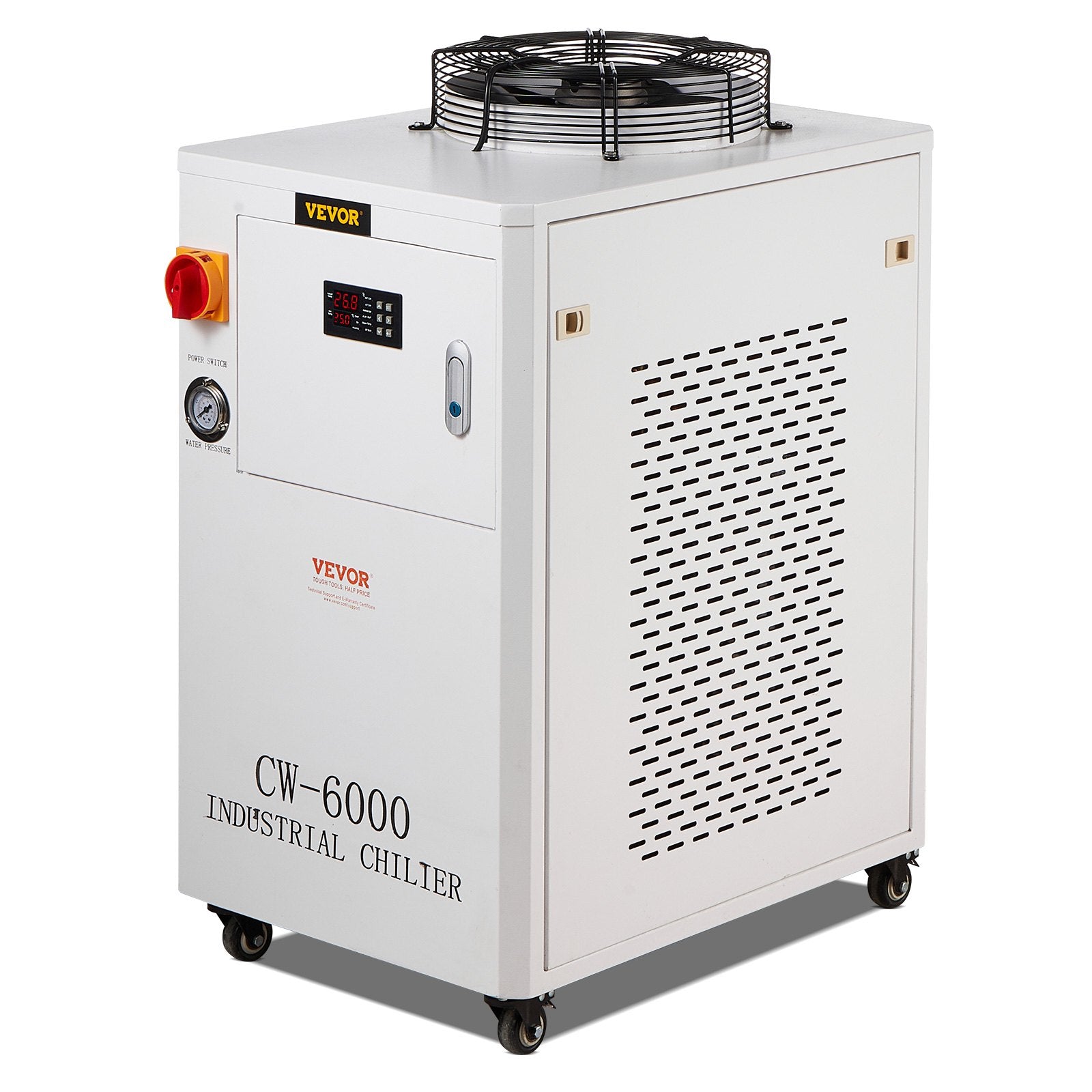 VEVOR Industrial Water Chiller, CW6000, 1500W Industrial Water Cooler Cooling System with Compressor 15L Water Tank Capacity 65 L/min Max Flow Rate, for CO2 Laser Engraving Machine Cooling Machine