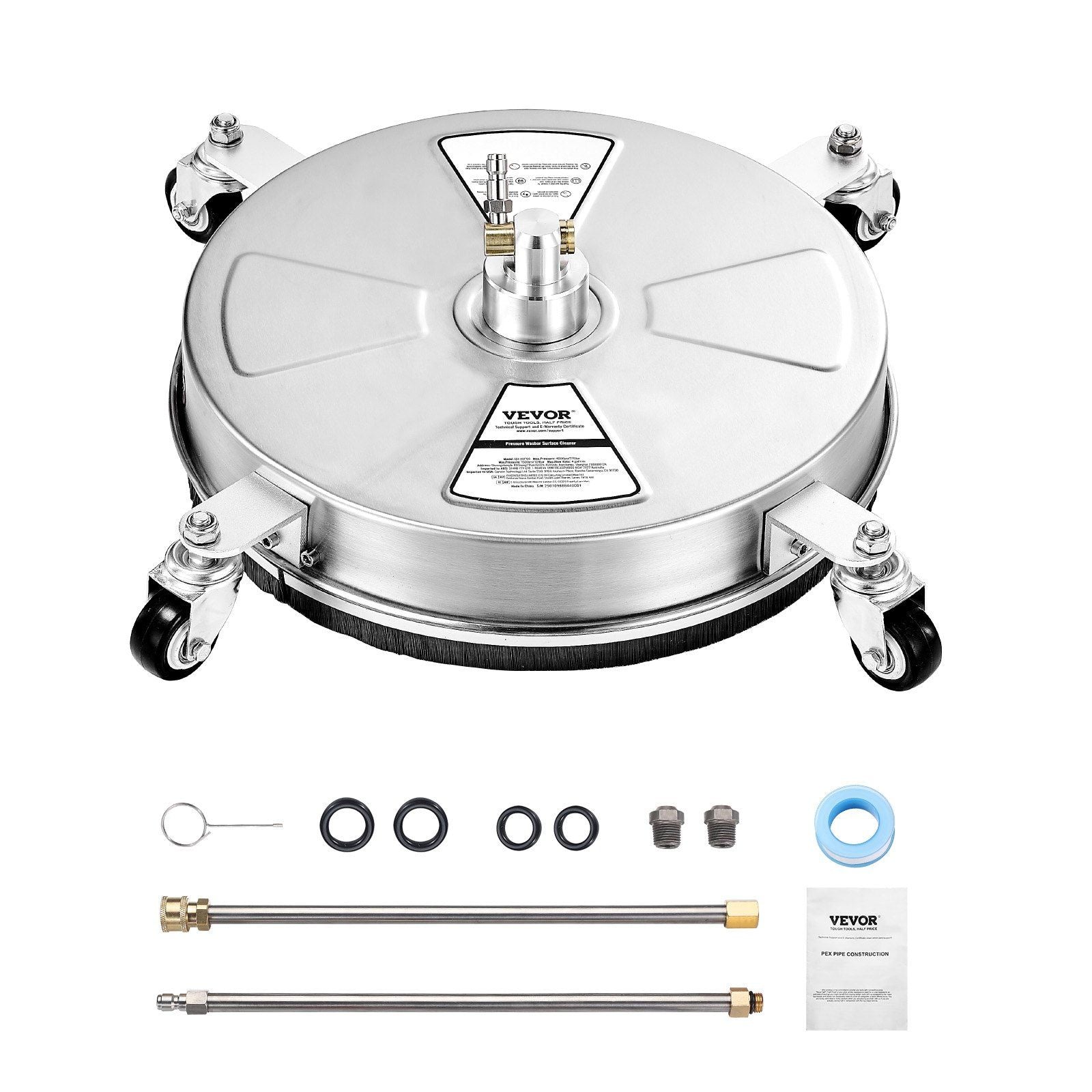 16.5" Pressure Washer Surface Cleaner, Stainless Steel Pressure Washer Attachments with 4 Wheels, 4000 Max PSI, 1/4 Quick Connector, 2 Spray Nozzles, 2 Extended Wands for Concrete, Patio, Deck
