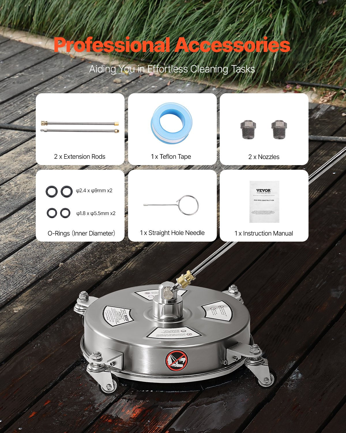 VEVOR 14" Pressure Washer Surface Cleaner, Stainless Steel Pressure Washer Attachments with 4 Wheels, 4000 Max PSI, 1/4 Quick Connector, 2 Spray Nozzles, 2 Extended Wands for Concrete, Patio, Deck