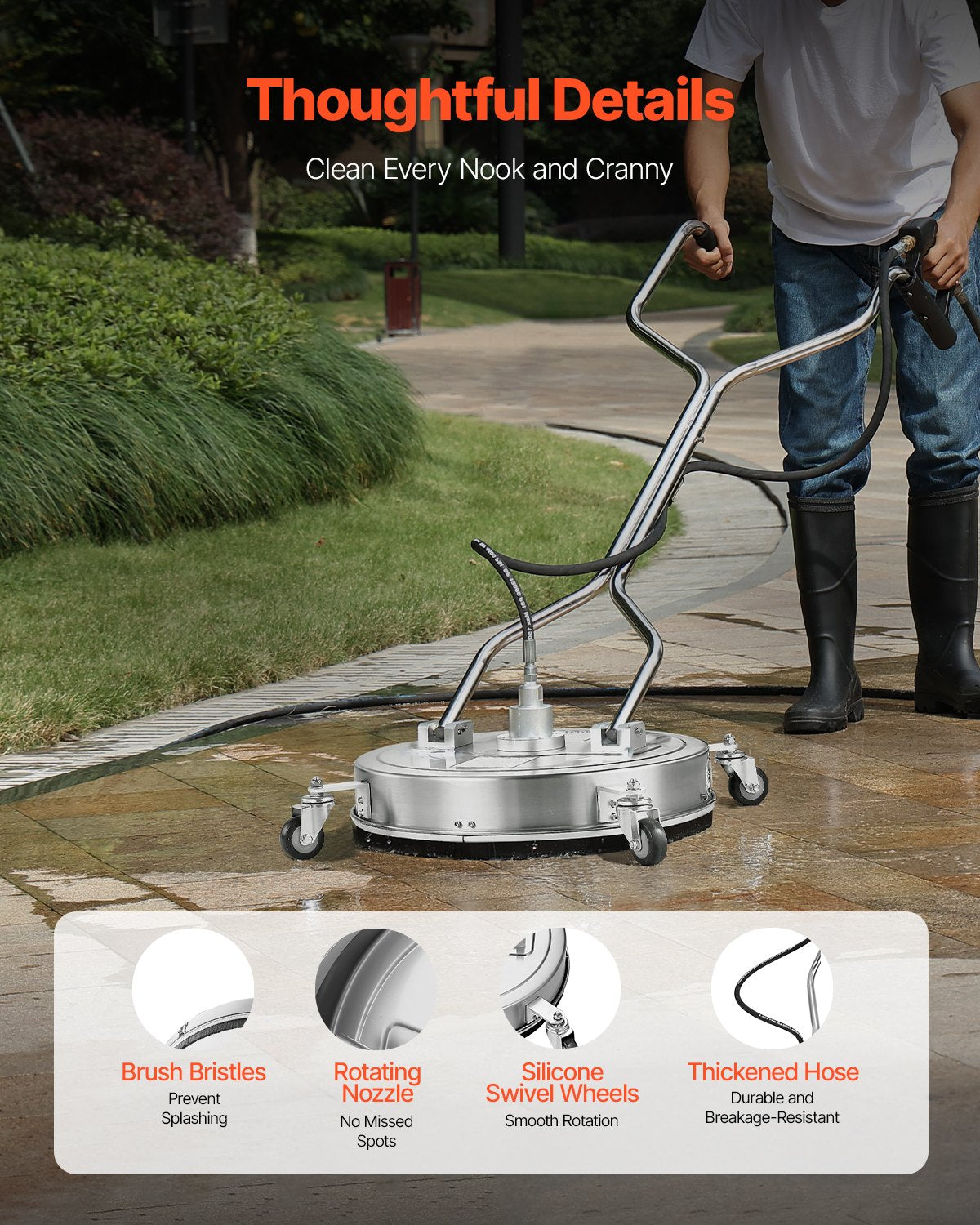 VEVOR 20" Pressure Washer Surface Cleaner, Stainless Steel Pressure Washer Attachments with 4 Wheels, 4500 Max PSI, 3/8 Quick Connector, 2 Spray Nozzles, Dual Handle, for Concrete, Patio, Sidewalk