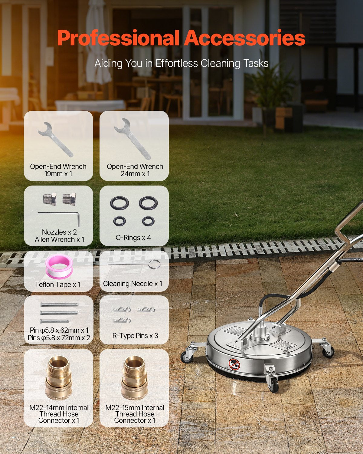 VEVOR 20" Pressure Washer Surface Cleaner, Stainless Steel Pressure Washer Attachments with 4 Wheels, 4500 Max PSI, 3/8 Quick Connector, 2 Spray Nozzles, Dual Handle, for Concrete, Patio, Sidewalk