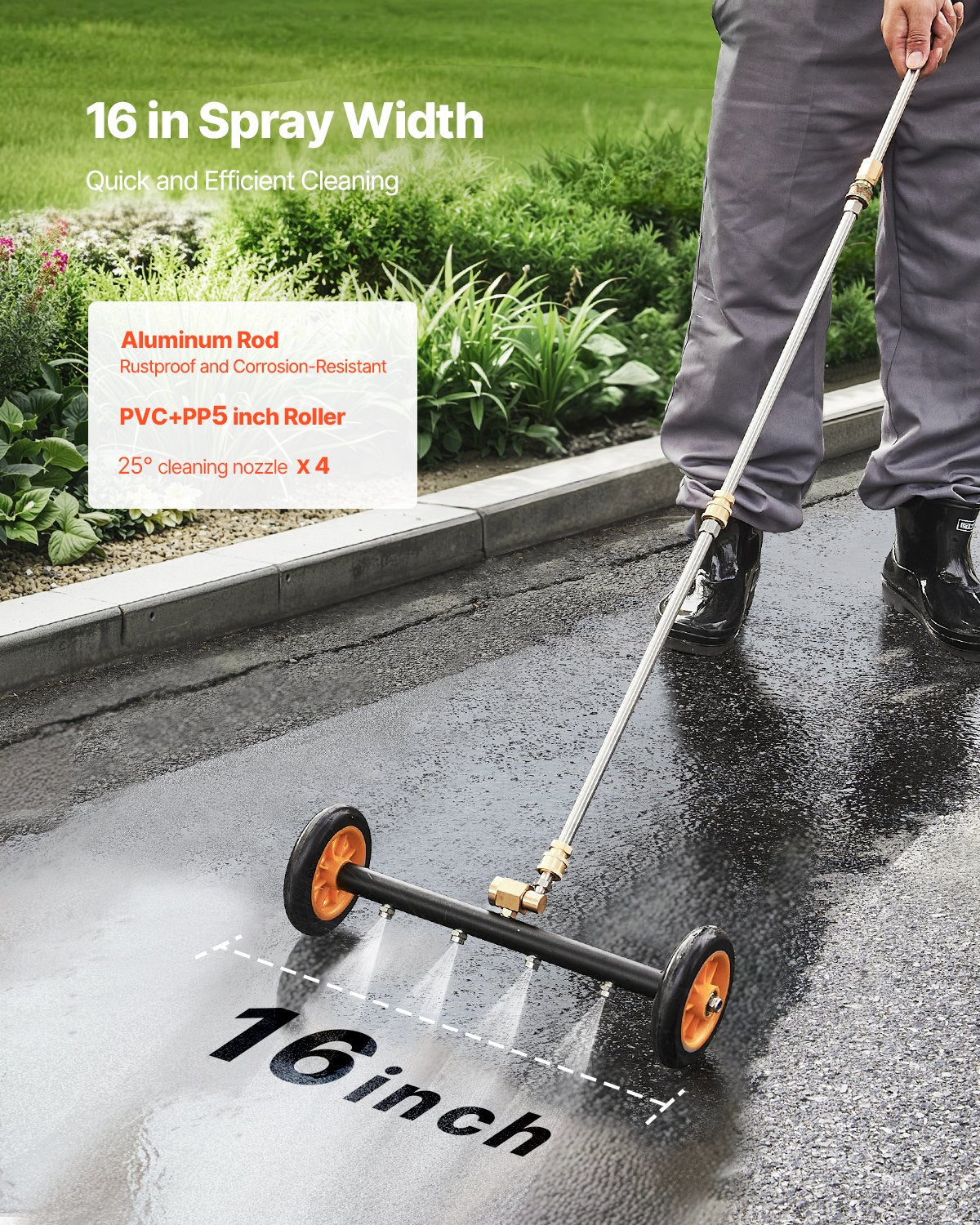 VEVOR 16" Pressure Washer Undercarriage Cleaner, Stainless Steel Surface Cleaner for Pressure Washer, 4000 Max PSI, Angle Adjustment Gear, 4 Spray Nozzles, 2 Extended Wands for Driveway, Patio, Deck