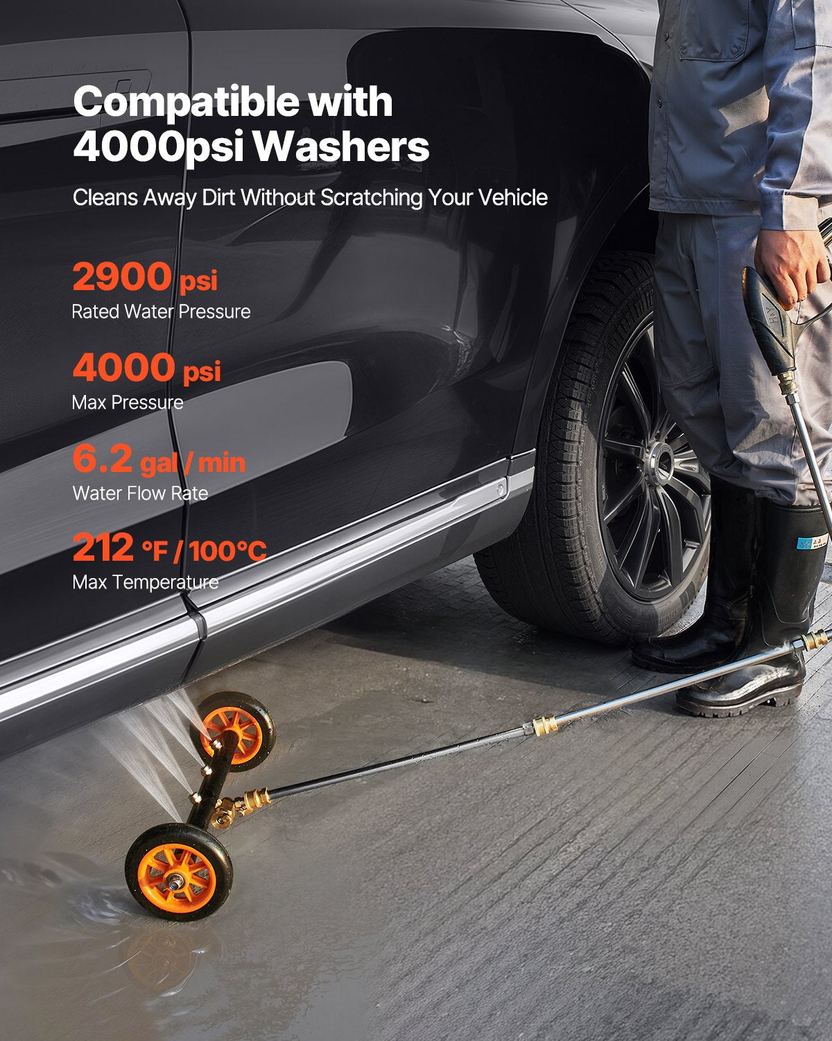 VEVOR 16" Pressure Washer Undercarriage Cleaner, Stainless Steel Surface Cleaner for Pressure Washer, 4000 Max PSI, Angle Adjustment Gear, 4 Spray Nozzles, 2 Extended Wands for Driveway, Patio, Deck