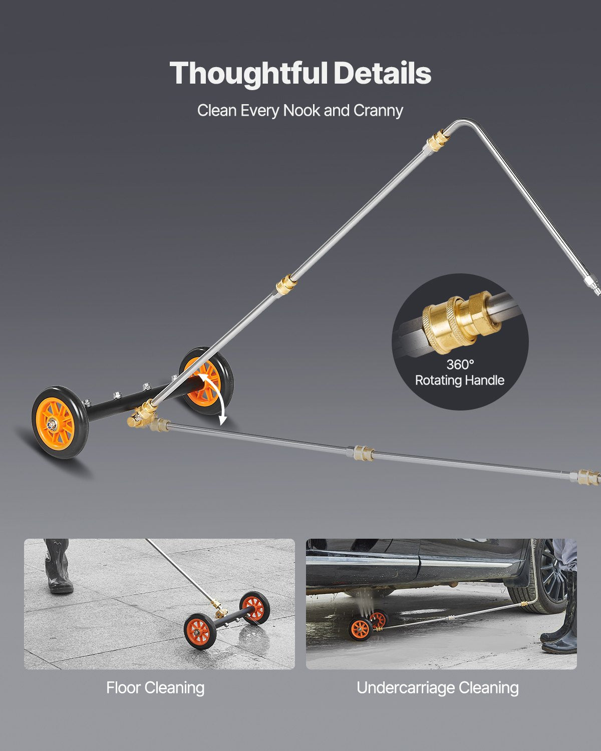 VEVOR 16" Pressure Washer Undercarriage Cleaner, Stainless Steel Surface Cleaner for Pressure Washer, 4000 Max PSI, Angle Adjustment Gear, 4 Spray Nozzles, 2 Extended Wands for Driveway, Patio, Deck