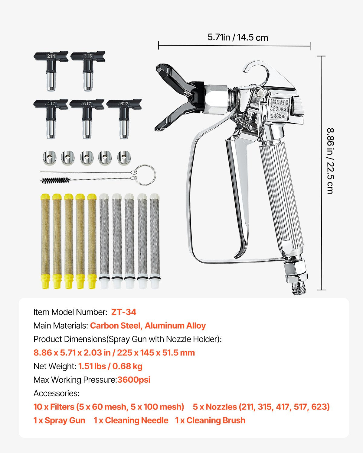 VEVOR Airless Paint Spray Gun 3600PSI High Pressure Airless Spray Gun with 5Tips