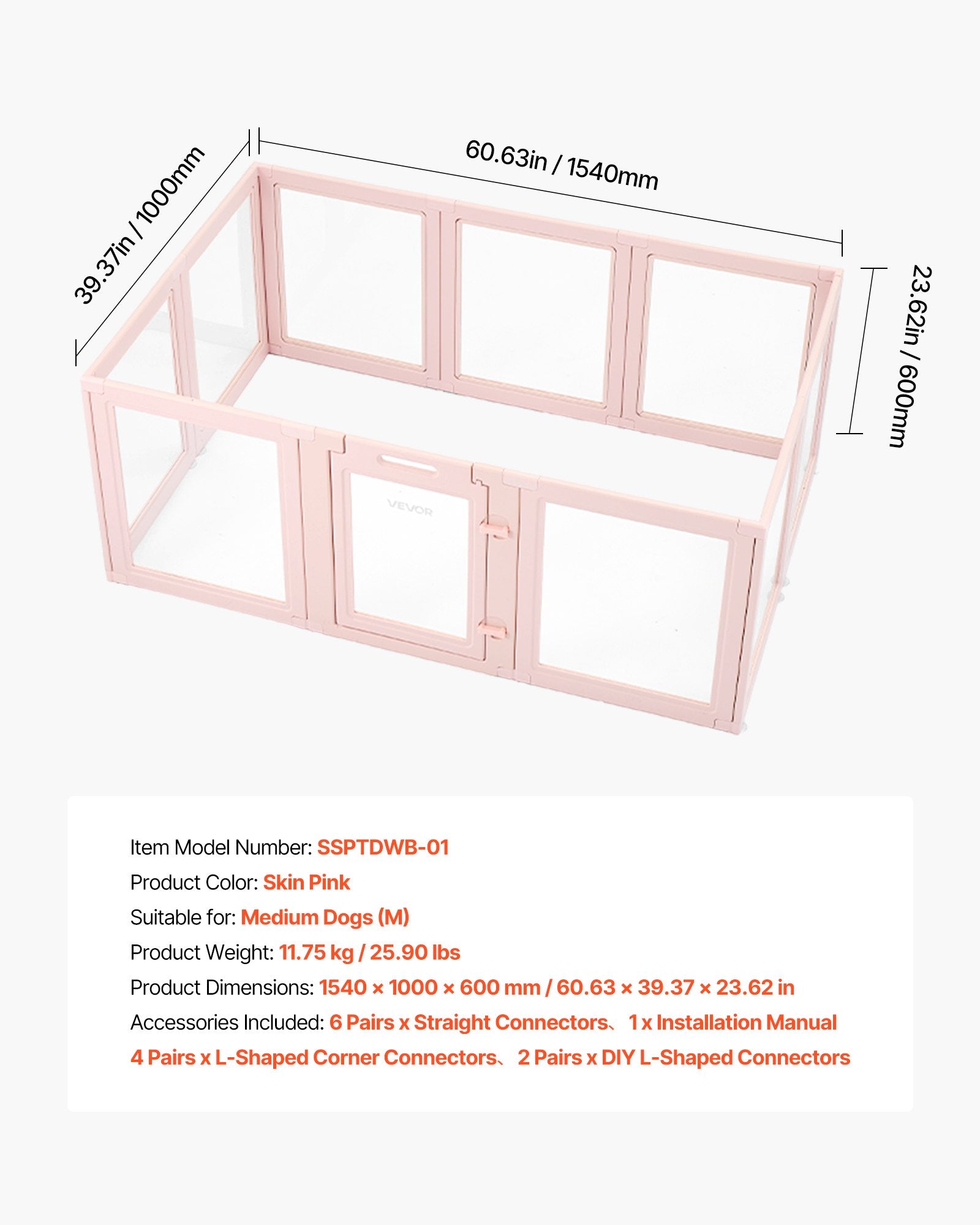 VEVOR Dog Whelping Box, 1.54x1x0.6 m Plastic Dog Whelping Pen for Medium Sized Dogs, Waterproof Transparent Puppy Playpen with Windows & Door Lock, Easy to Clean, Durable Indoor Pet Dogs Cats Birth Kit