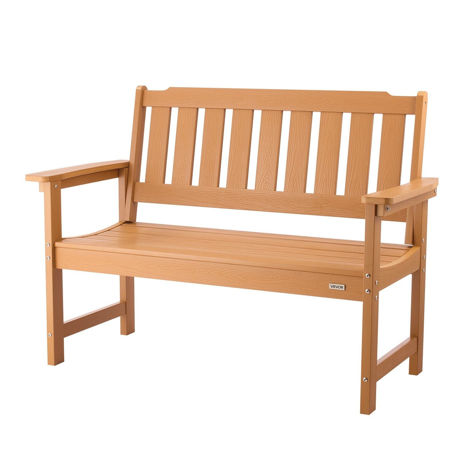 Outdoor Bench, 128 cm, 363 kg Weight Capacity for 2-3 Persons, Weatherproof Plastic Frame with Backrest and Wide Armrests, Outside Bench for Patio, Garden, Park, Yard, Natural Wood Color