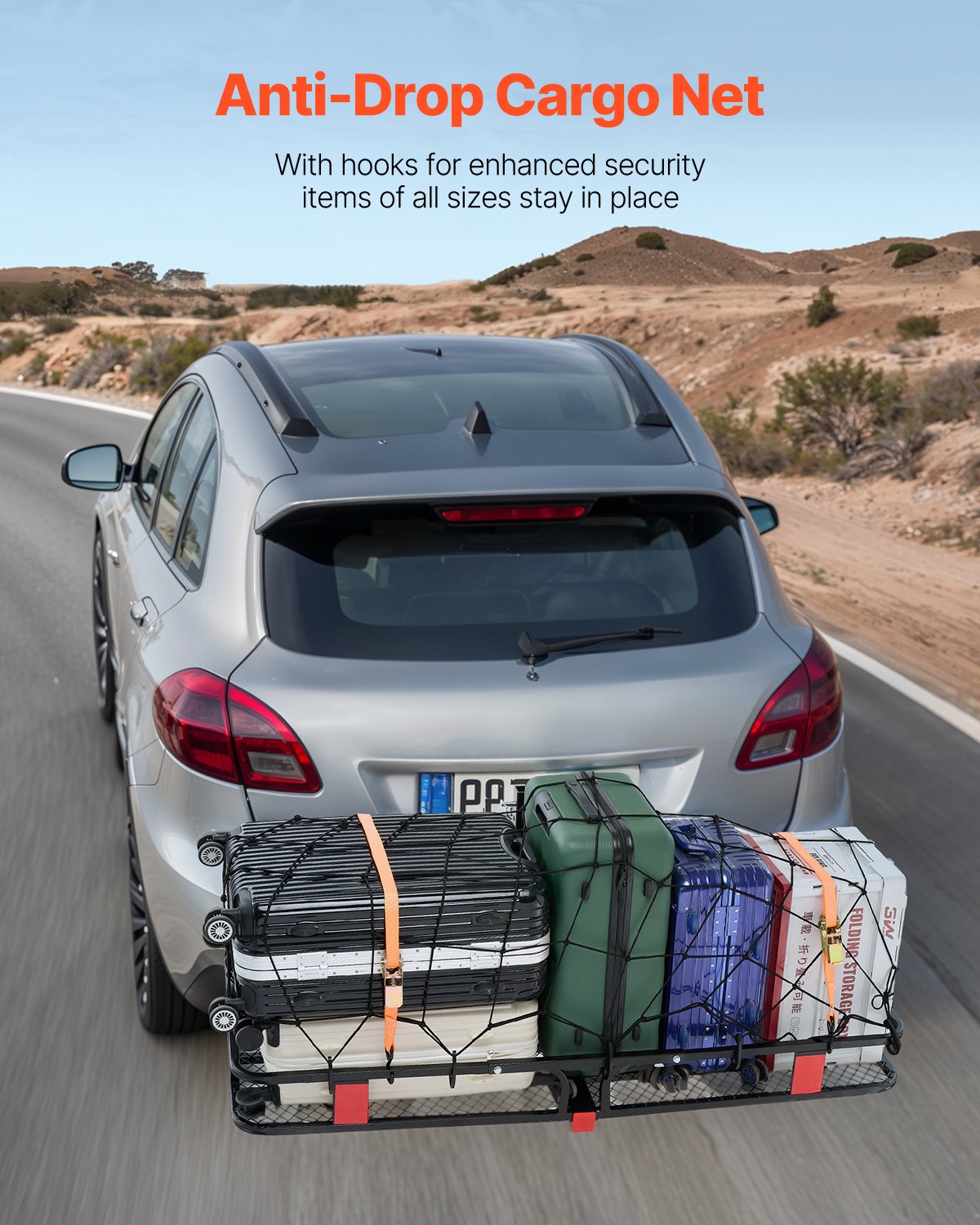 VEVOR 53" x 19" x 5", Hitch Cargo Carrier, 500 lbs Capacity Hitch Cargo Carrier with Hitch Stabilizer & Ratchet Straps, Hitch Mount Cargo Carrier with Cargo Net with Hook, Fit for SUVs