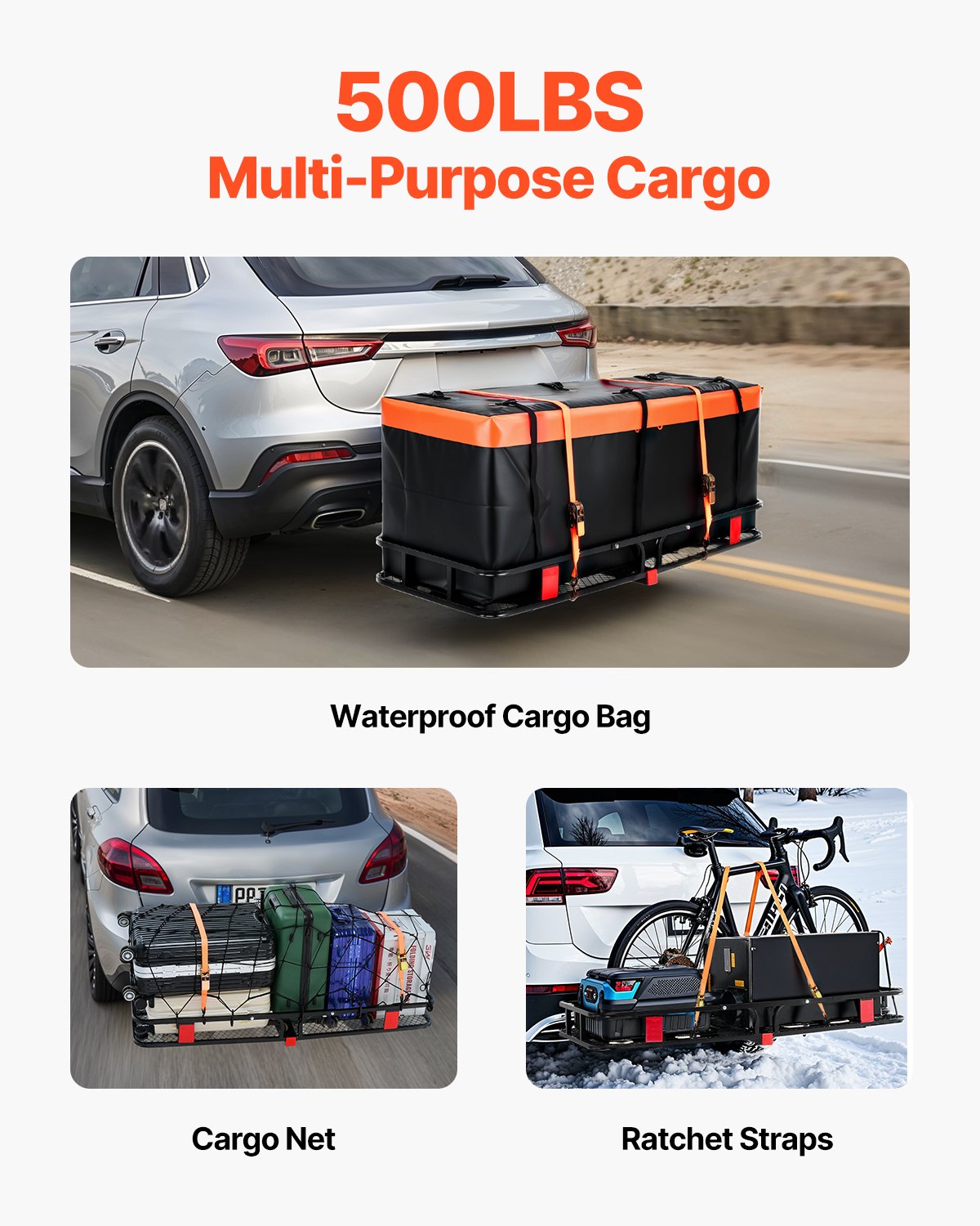 VEVOR 60" x 24" x 6", Hitch Cargo Carrier, 500 lbs Capacity Hitch Cargo Carrier with Cargo Net with Hook & Waterproof Cargo Bag, Folding Hitch Mount Cargo Carrier with Ratchet Straps, Fit for SUVs