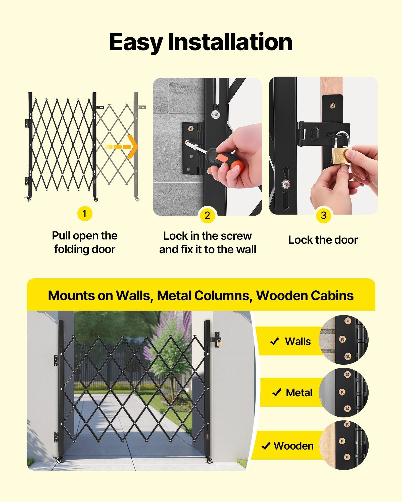 Single Folding Security Gate, Lockable Scissor Gate with 360 degree Swivel Casters, Outdoor Barricade Steel Retractable Gates, for Entry Security, Garage, Warehouse & Pool, 1100 x 1310 mm (W x H)