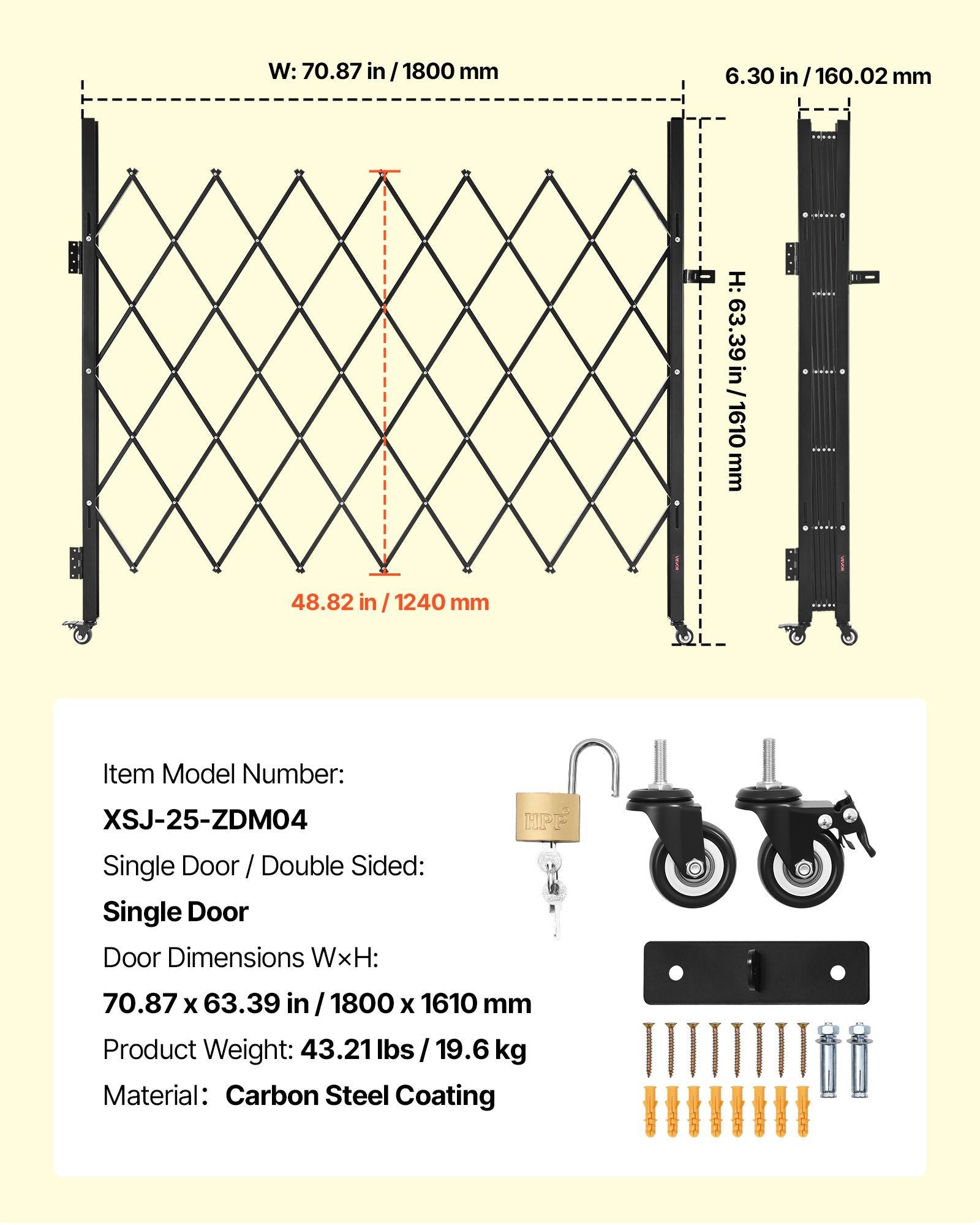 Single Folding Security Gate, Lockable Scissor Gate with 360 degree Swivel Casters, Outdoor Barricade Steel Retractable Gates, for Entry Security, Garage, Warehouse & Pool, 1800 x 1610 mm (W x H)