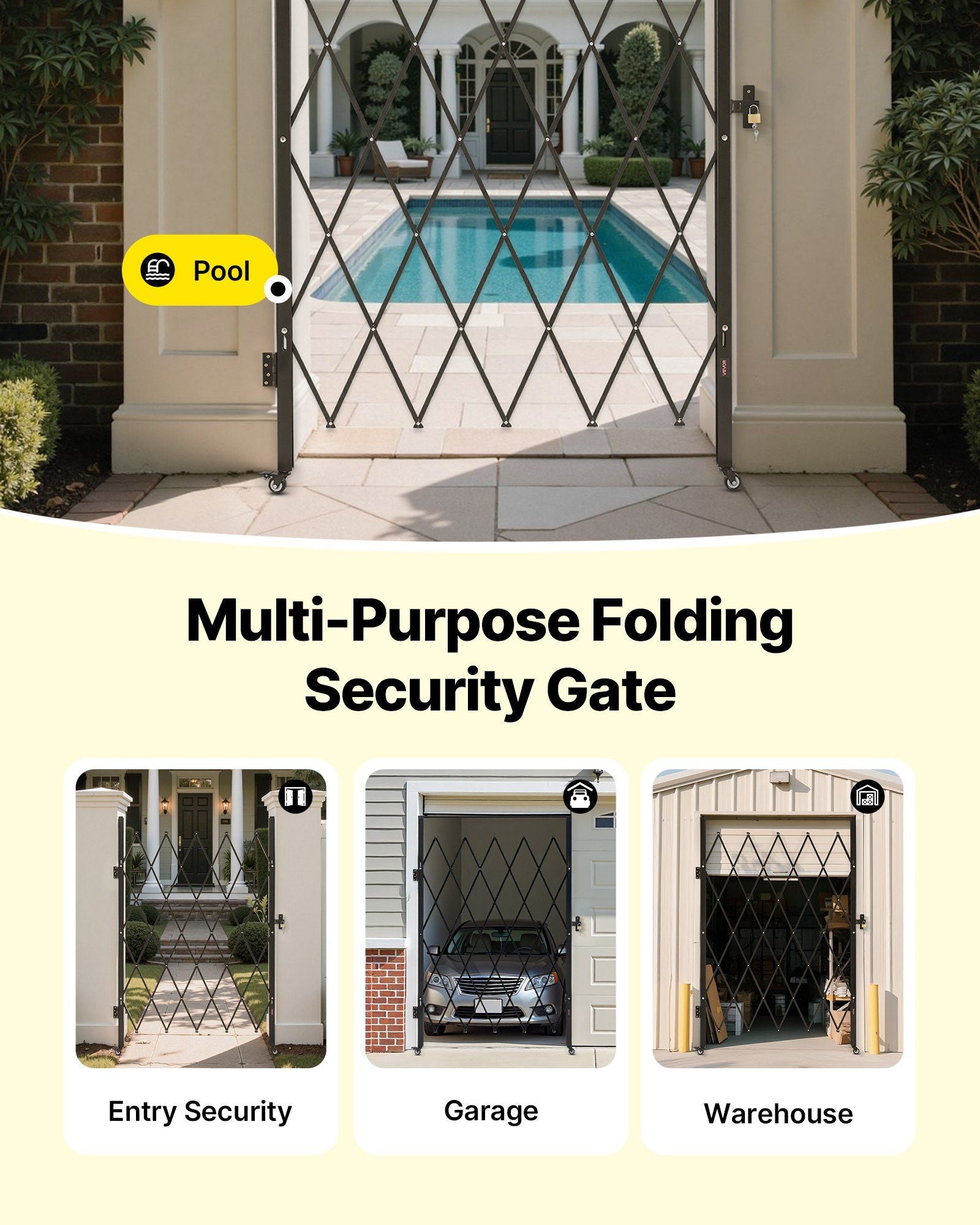 Single Folding Security Gate, Lockable Scissor Gate with 360 degree Swivel Casters, Outdoor Barricade Steel Retractable Gates, for Entry Security, Garage, Warehouse & Pool, 1260 x 1975 mm (W x H)