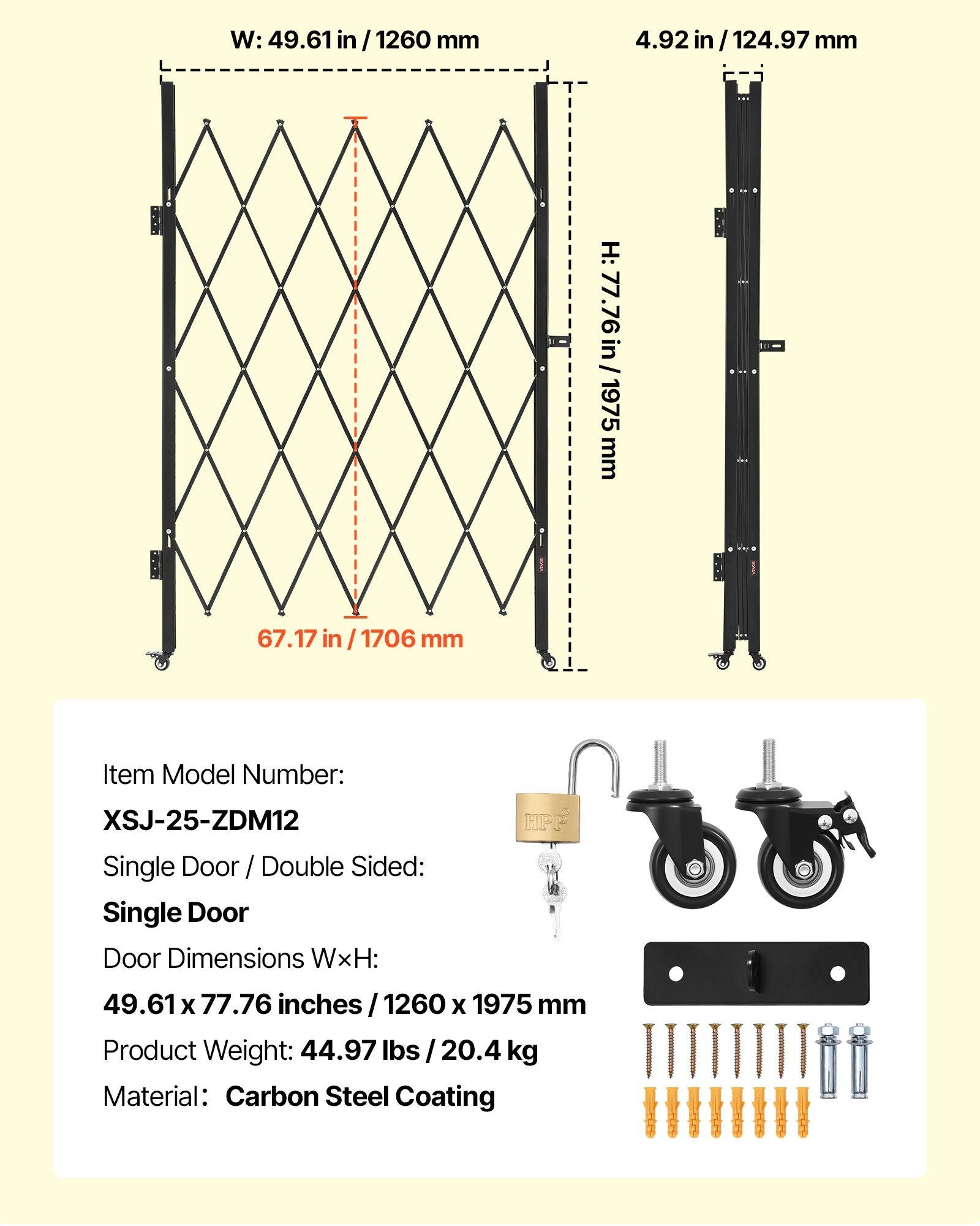 Single Folding Security Gate, Lockable Scissor Gate with 360 degree Swivel Casters, Outdoor Barricade Steel Retractable Gates, for Entry Security, Garage, Warehouse & Pool, 1260 x 1975 mm (W x H)