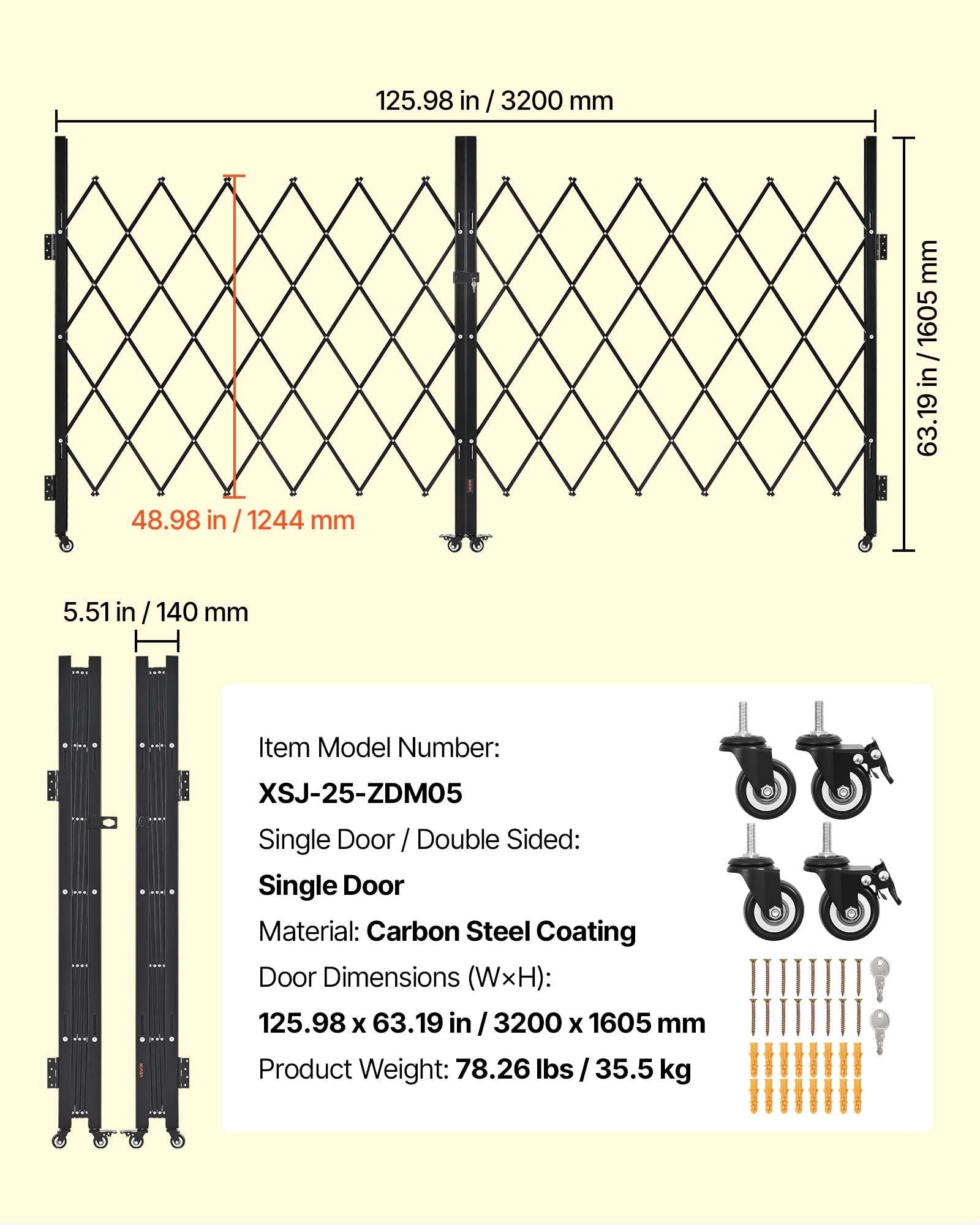 Double Folding Security Gate, Lockable Scissor Gate with 360 degree Swivel Casters, Outdoor Barricade Steel Retractable Gates, for Entry Security, Garage, Warehouse & Pool, 3200 x 1605 mm in (W x H)