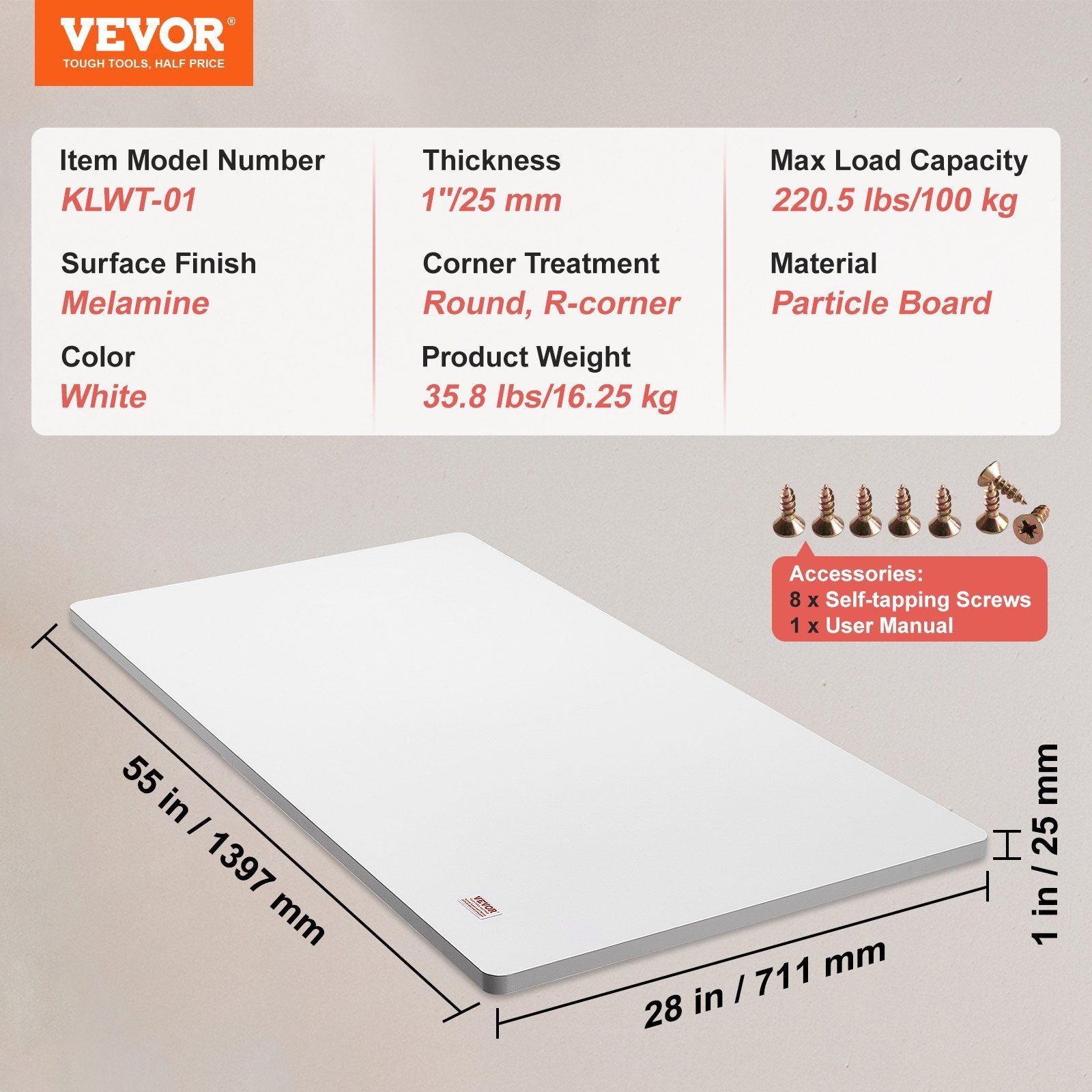 Table Top, 1397 x 711 x 25 mm, 100 kg Load Capacity, Universal One-Piece Particle Board Desktop for Height Adjustable Electric Standing Desk Frame, Rectangular Countertop for Home & Office Desk